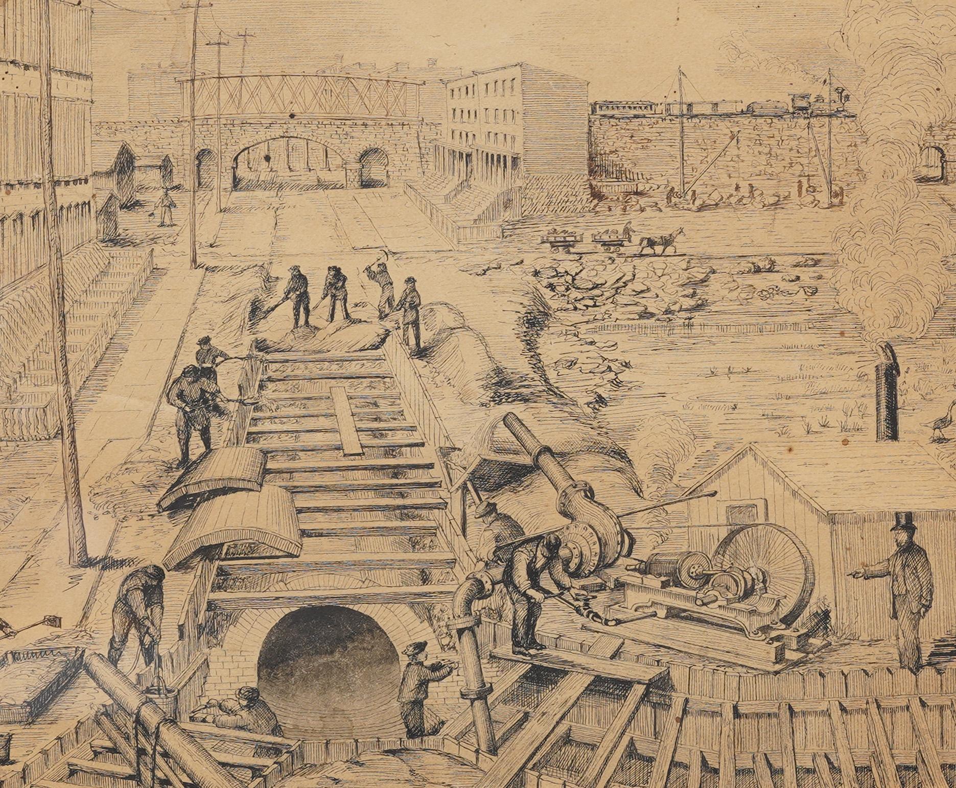 Edificio topografico storico Sistema ferroviario della metropolitana di New York Disegno del paesaggio - Abstract Painting Marrone di Unknown