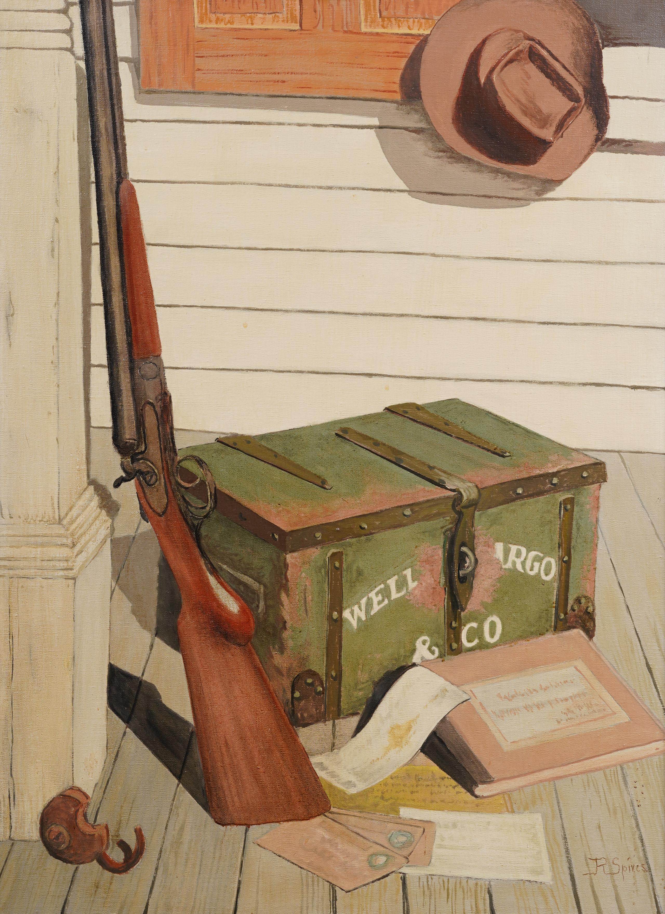 Historical Wells Fargo Stage Coach Western Shotgun Still Life Framed Painting For Sale 1