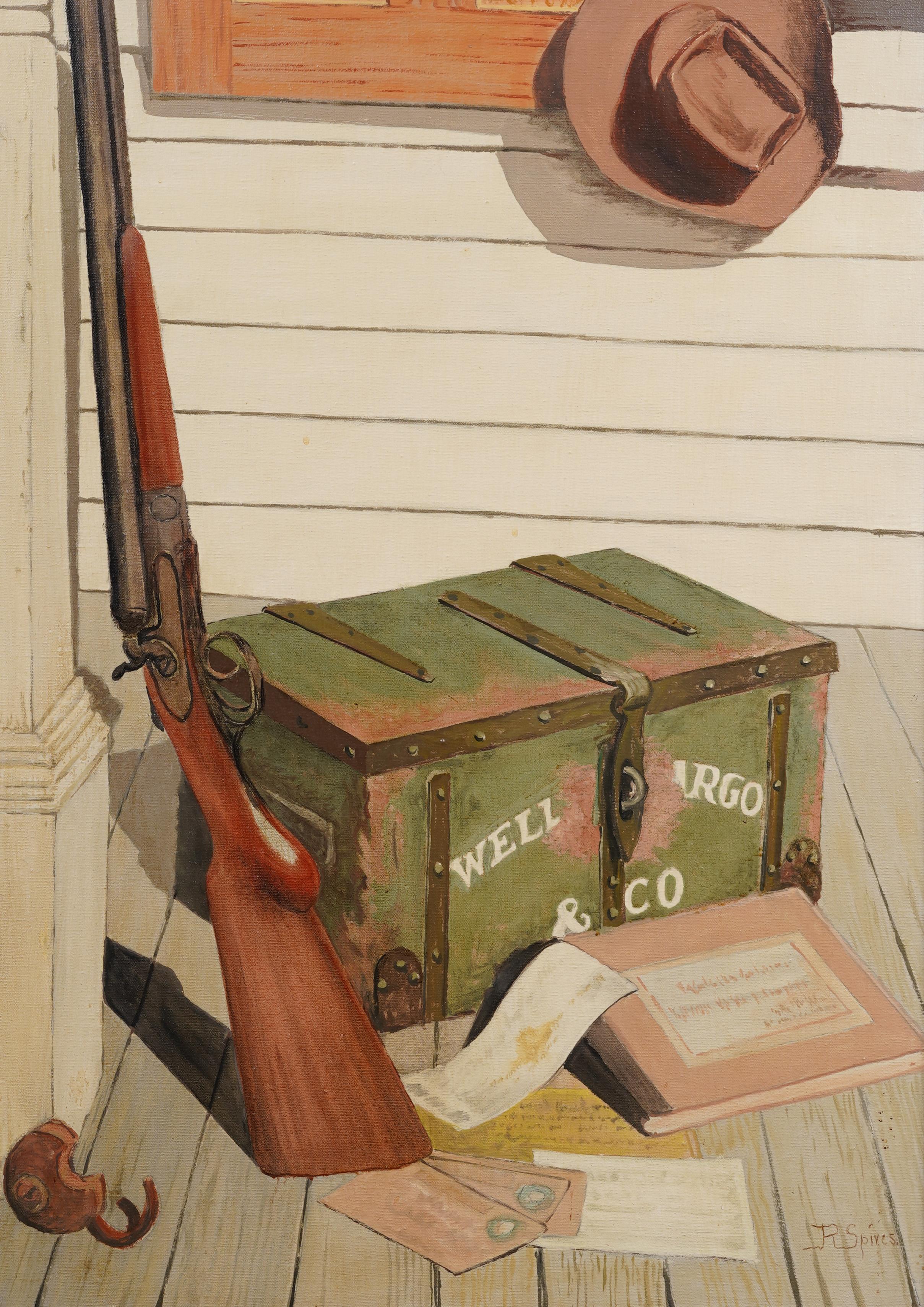 Historical Wells Fargo Stage Coach Western Shotgun Still Life Framed Painting For Sale 2