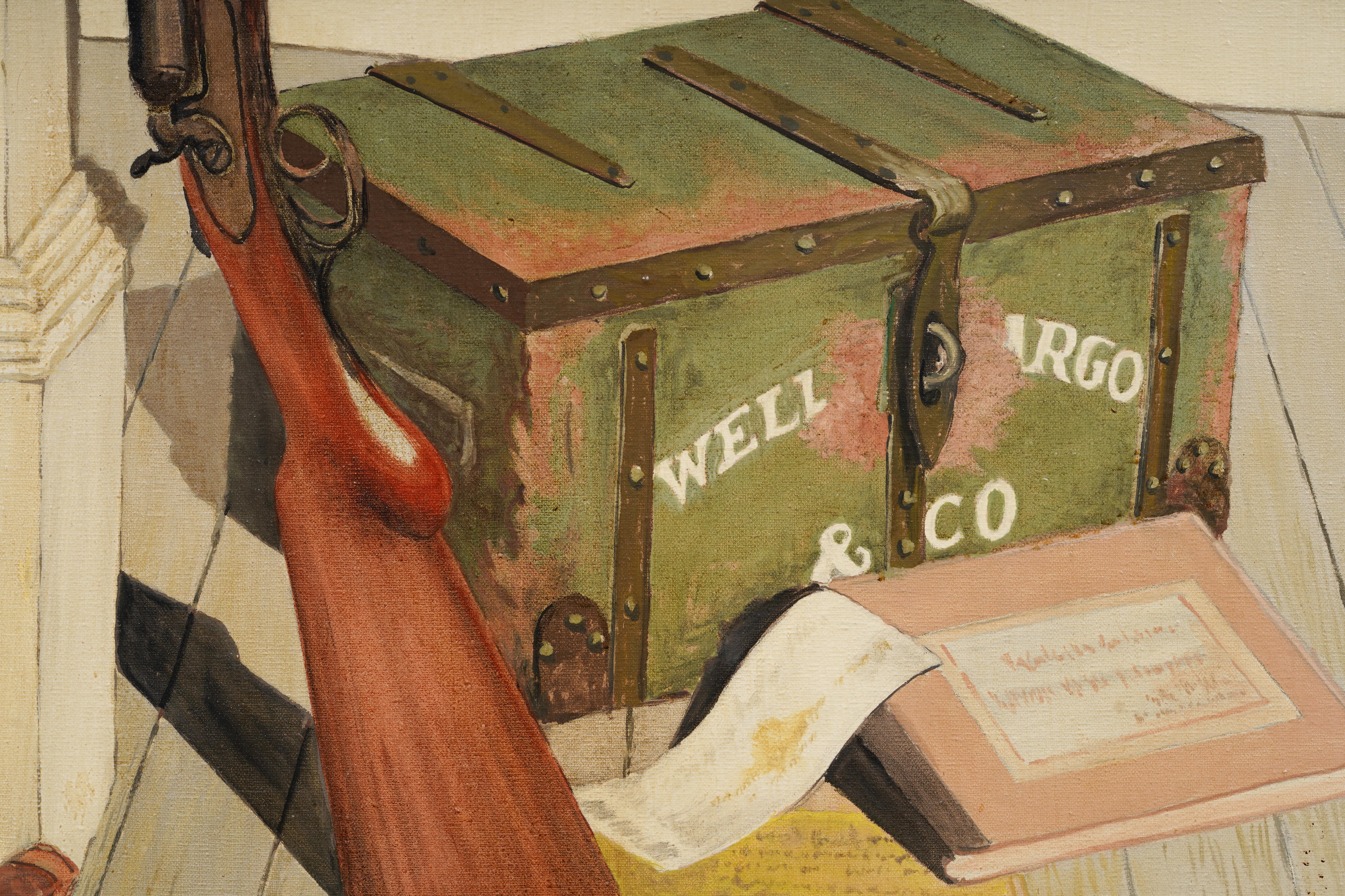 Historical Wells Fargo Stage Coach Western Shotgun Still Life Framed Painting For Sale 4