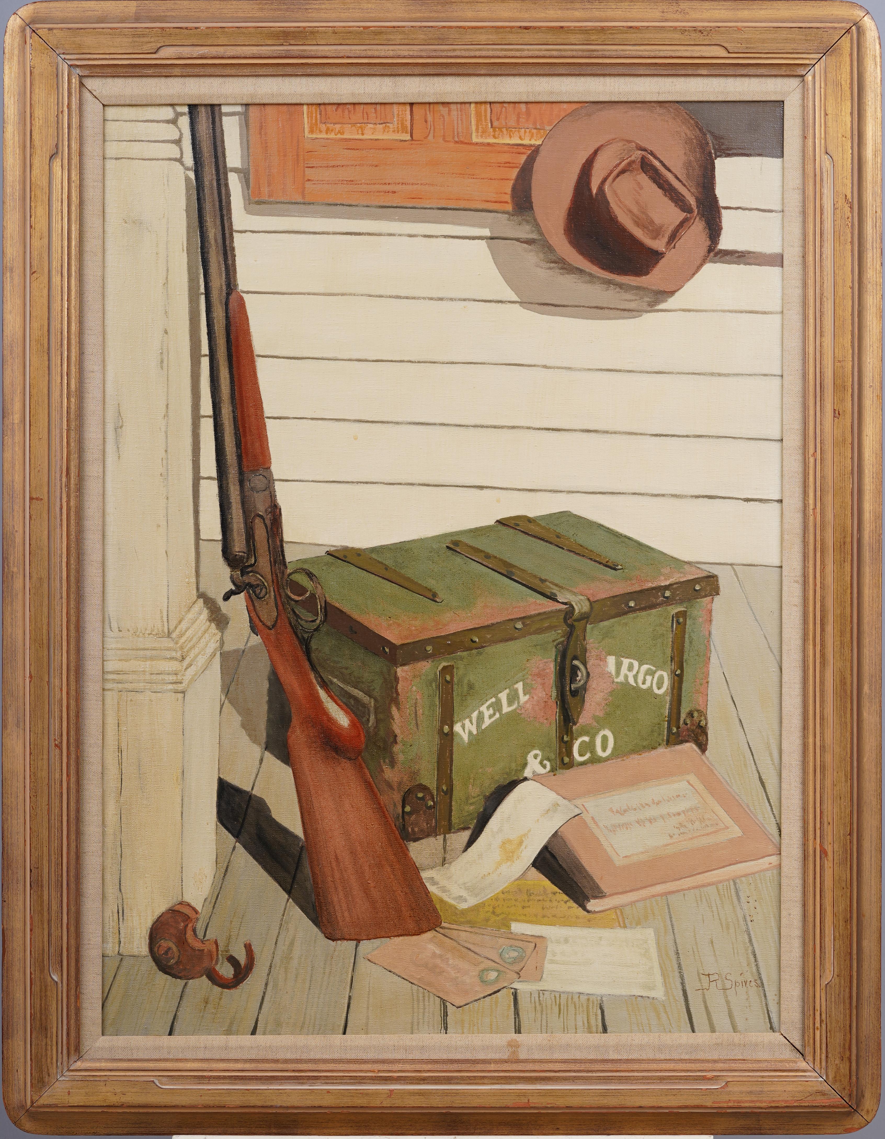 Unknown Still-Life Painting - Historical Wells Fargo Stage Coach Western Shotgun Still Life Framed Painting