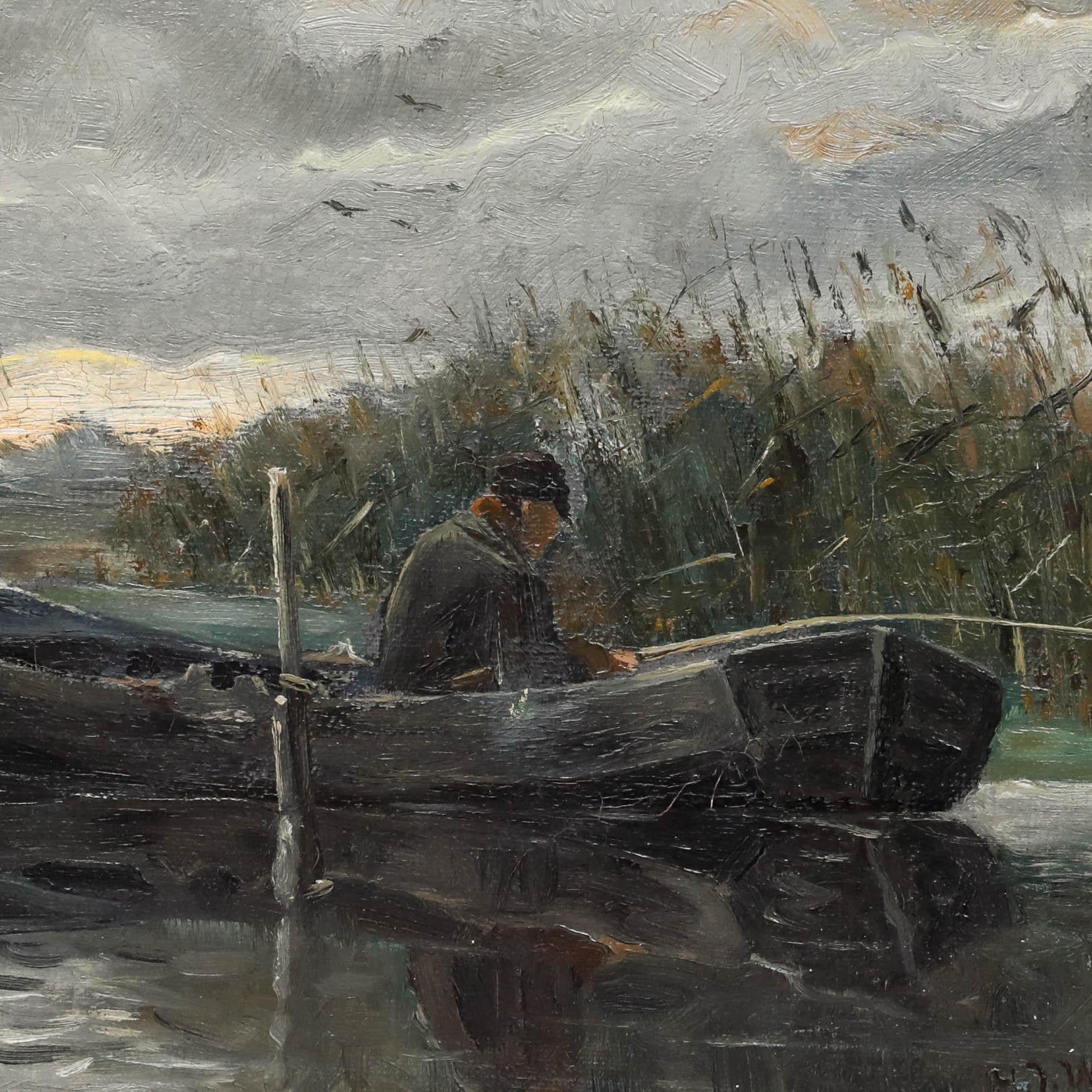 Cette peinture de paysage atmosphérique capture une scène hollandaise morose, avec un bateau solitaire au premier plan sur fond de roseaux et d'un moulin à vent lointain. L'utilisation par l'artiste de couleurs sourdes et de coups de pinceau doux