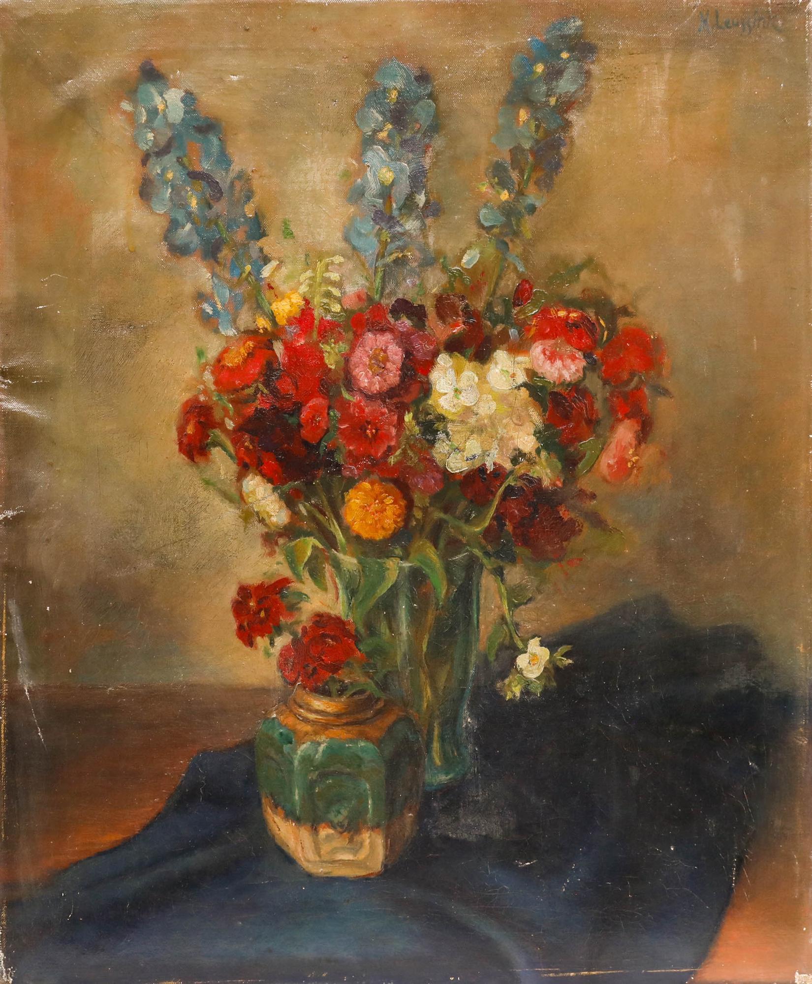 H.Leussink - Early 20th Century Oil, Still Life with Delphiniums - Painting by Unknown