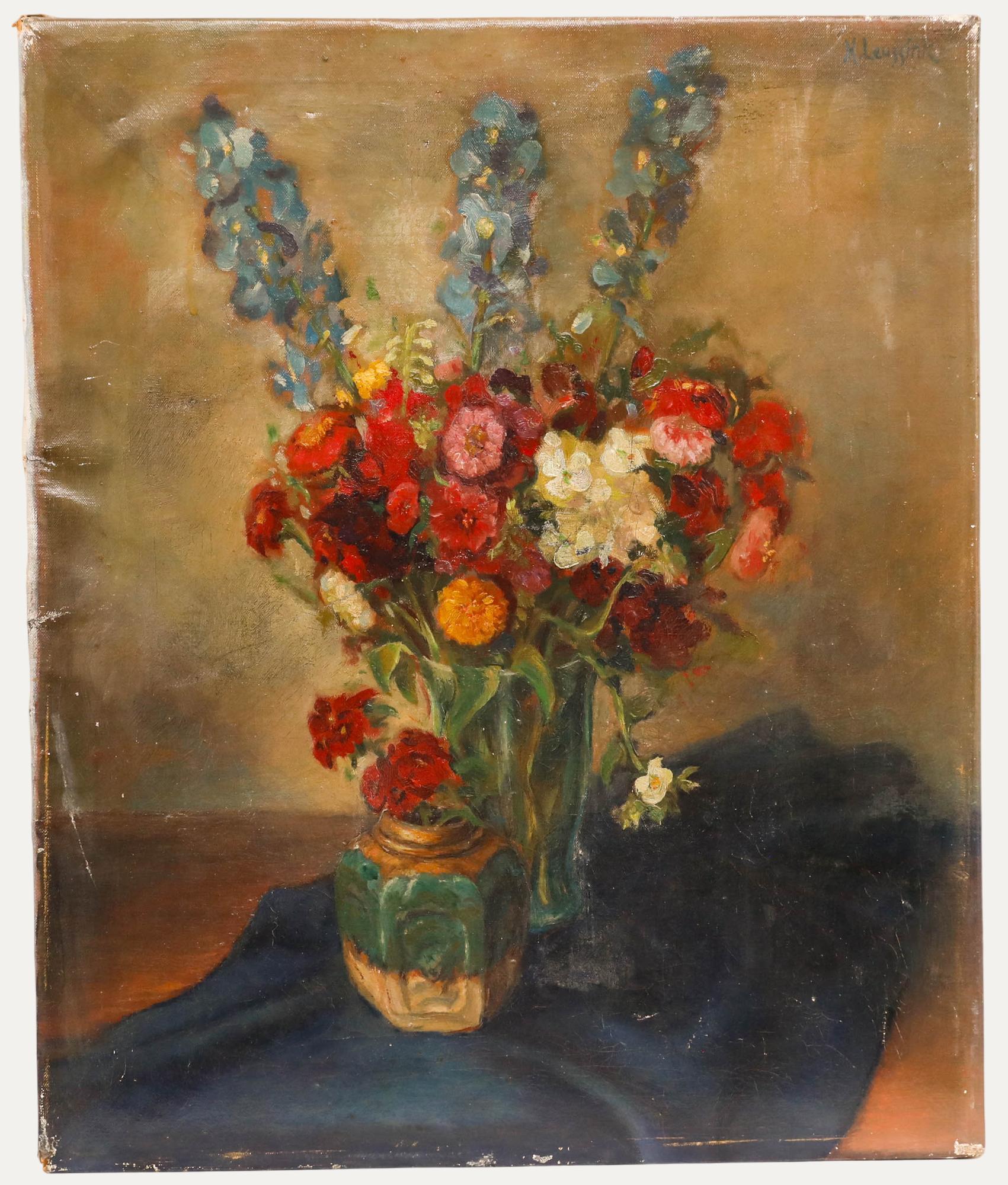 Unknown Still-Life Painting - H.Leussink - Early 20th Century Oil, Still Life with Delphiniums