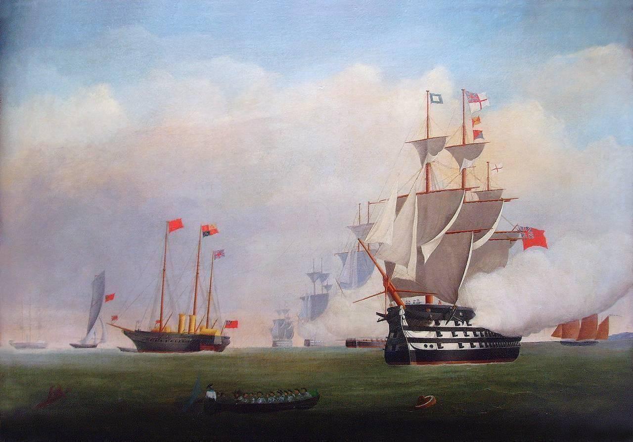 Unknown Landscape Painting - HMY VICTORIA AND ALBERT INSPECTING THE FLEET OFF PORTSMOUTH, maritime, shipping