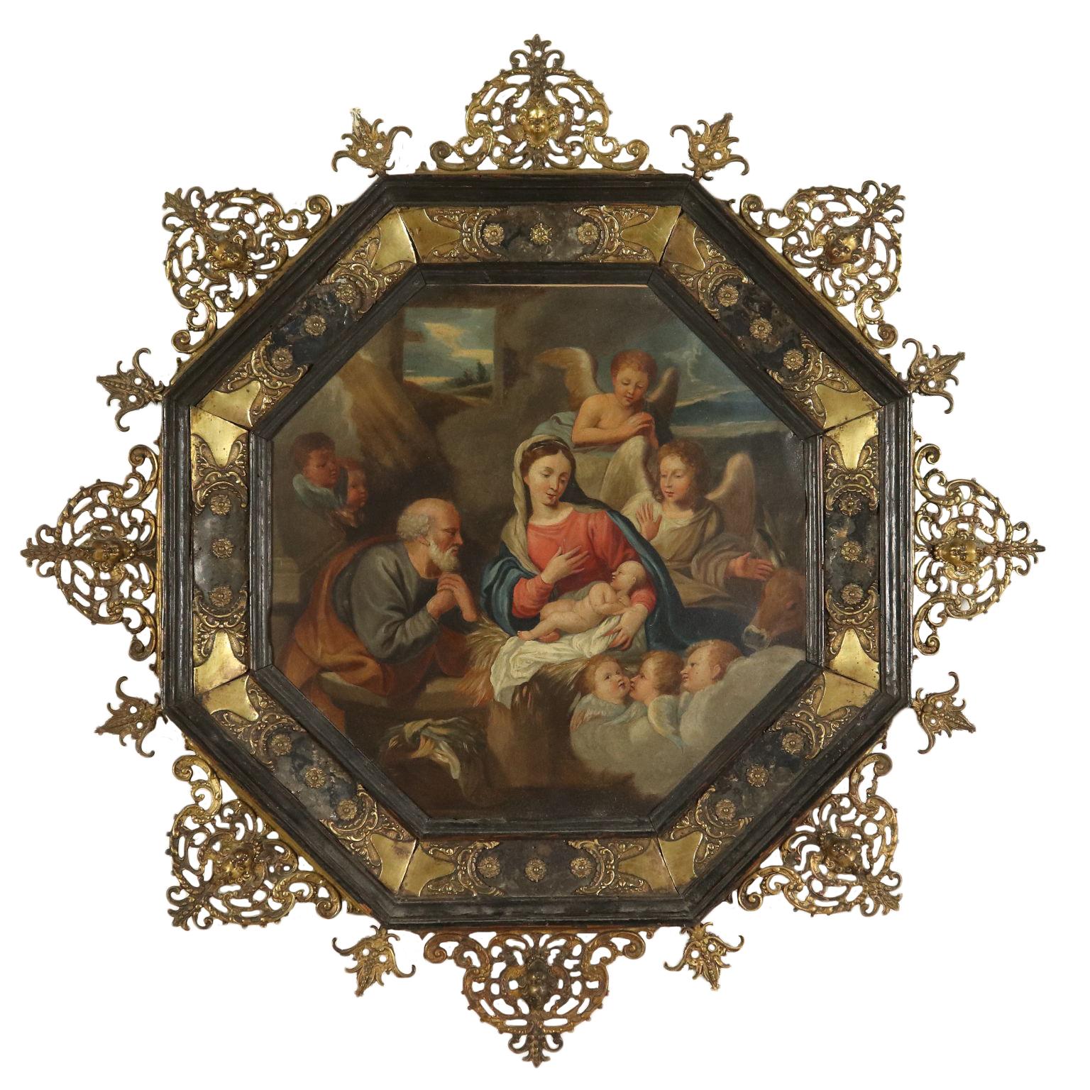 Unknown Portrait Painting - Holy Family with Angels Oil on Copper Octagonal Frame XVII Century