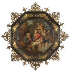 Antique Holy Family with Angels Oil on Copper Octagonal Frame XVII Century