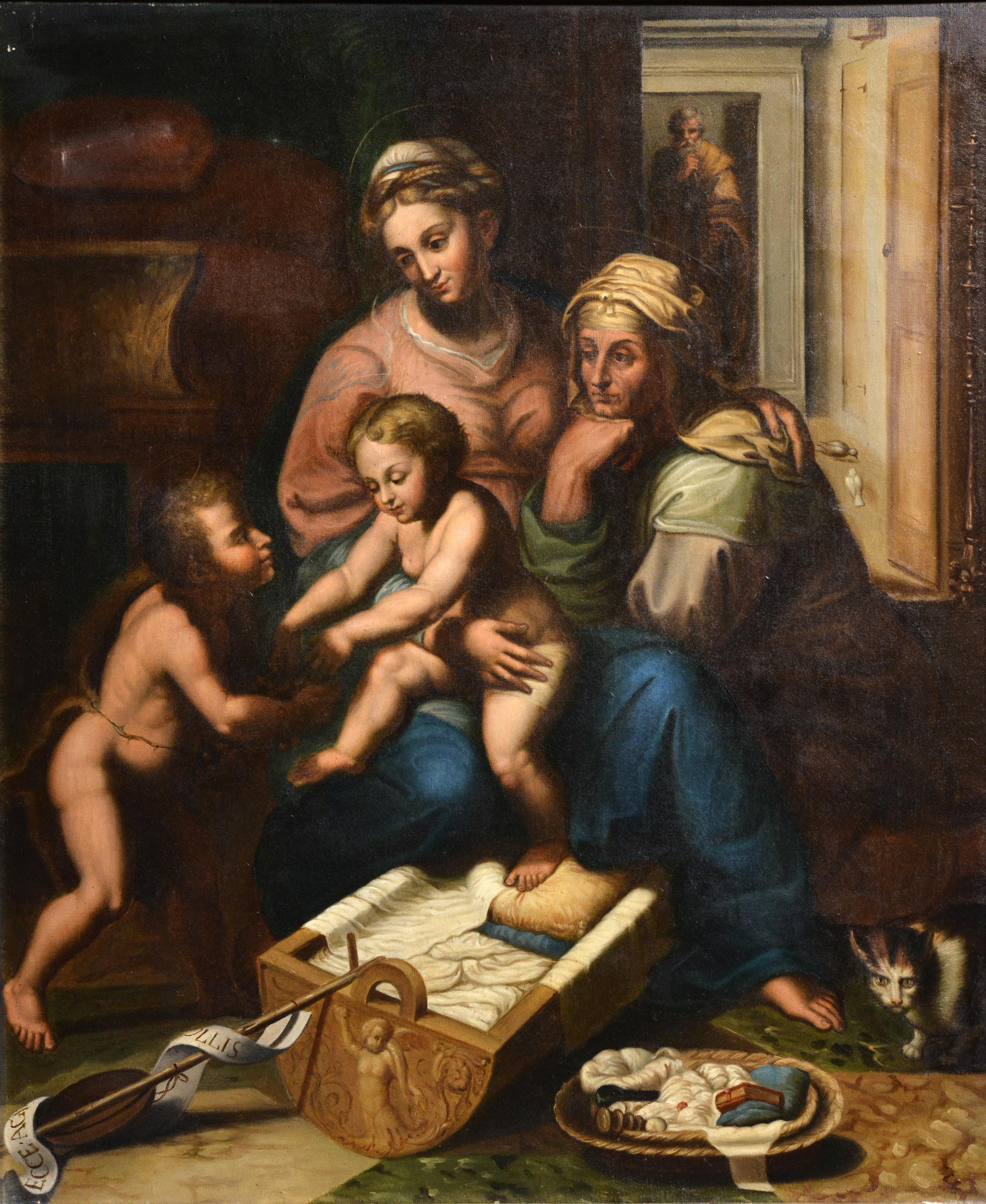 This tender depiction of the Holy Family represents a subject which was central to Raphael's oeuvre. The painting is based on the famous panel by Giulio Romano, called Madonna della Gatta, now in the Museo Nazionale di Capodimonte in Naples. The