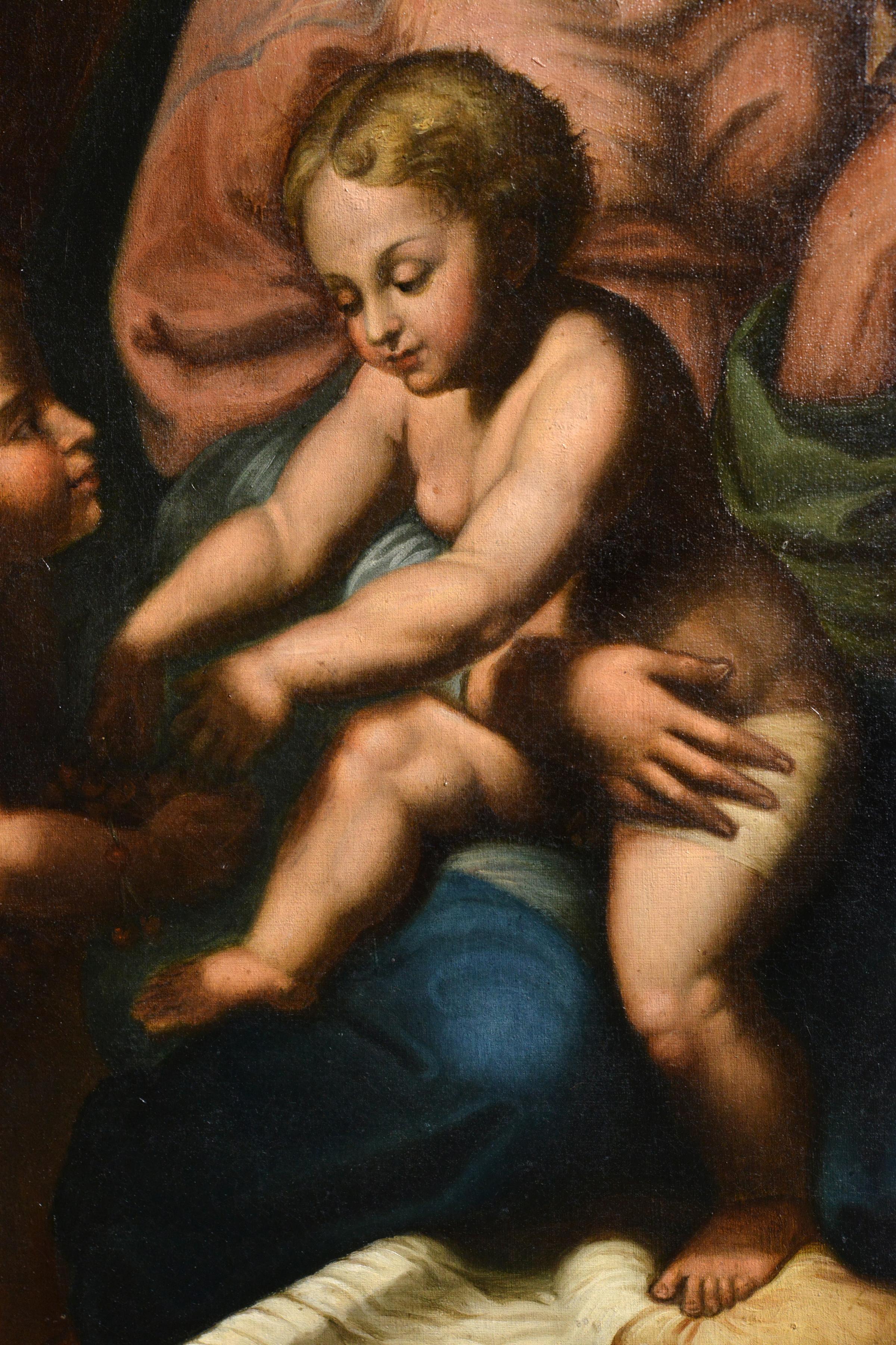 This tender depiction of the Holy Family represents a subject which was central to Raphael's oeuvre. The painting is based on the famous panel by Giulio Romano, called Madonna della Gatta, now in the Museo Nazionale di Capodimonte in Naples. The