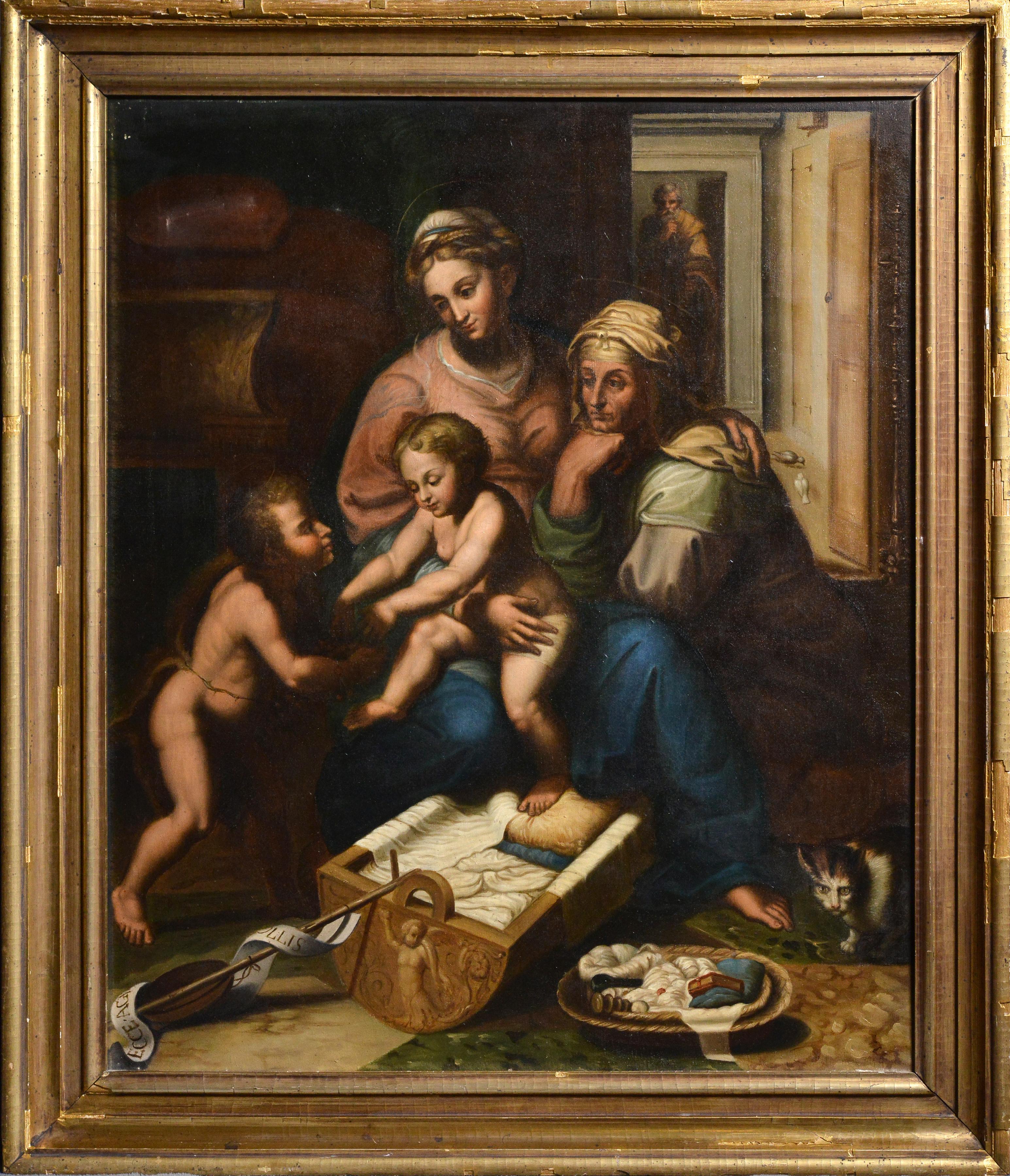 Unknown Figurative Painting - Holy Family with St Elizabeth and Young John Baptist 19th century Oil Painting