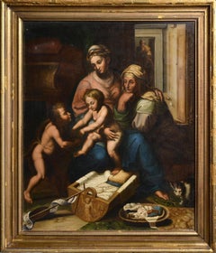 Antique Holy Family with St Elizabeth and Young John Baptist 19th century Oil Painting