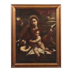 Antique Holy Family With Young Saint John Oil On Canvas 17th Century