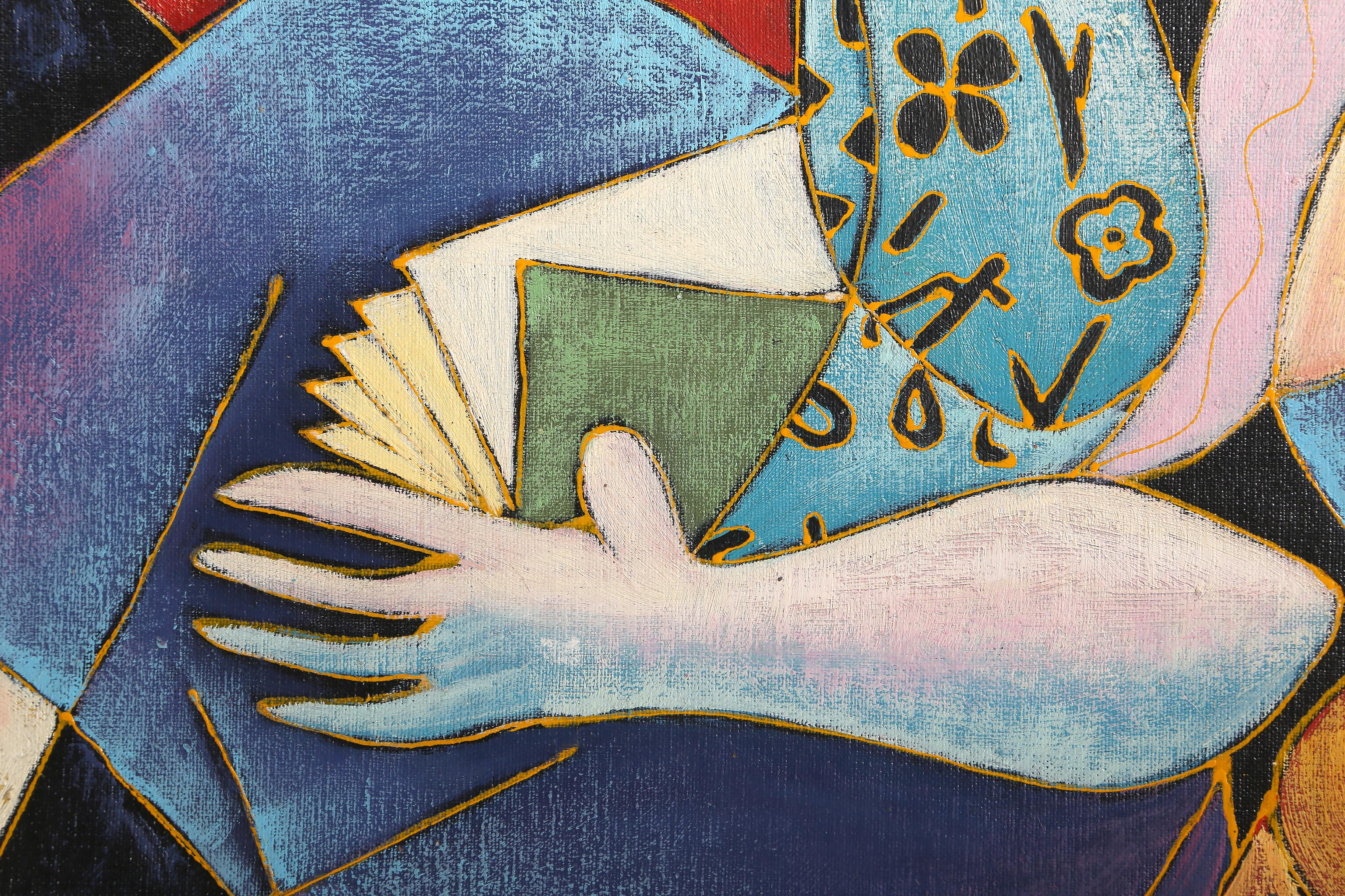 Omaggio a Donna con libro di Picasso, Giclée cubista e Pittura acrilica su tela - Painting di Unknown