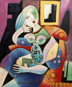 Homage to Woman with Book by Picasso, Cubist Giclee & Acrylic Painting on Canvas