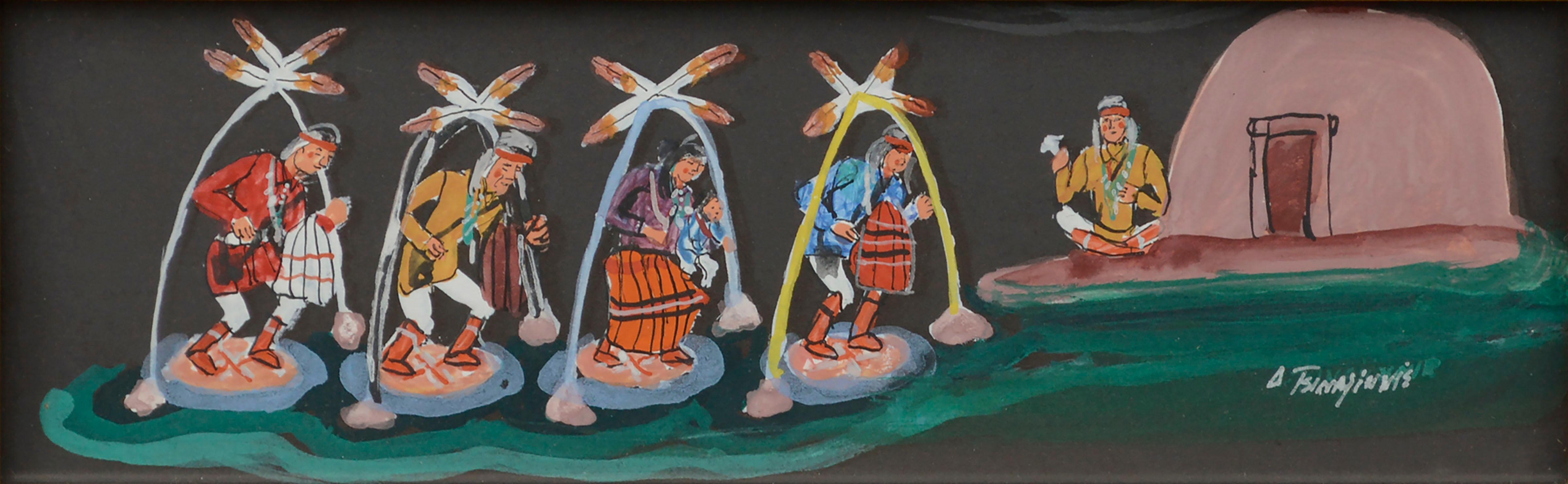 Vintage Hopi Dancers Acrylic on Paper Figurative - Painting by Unknown