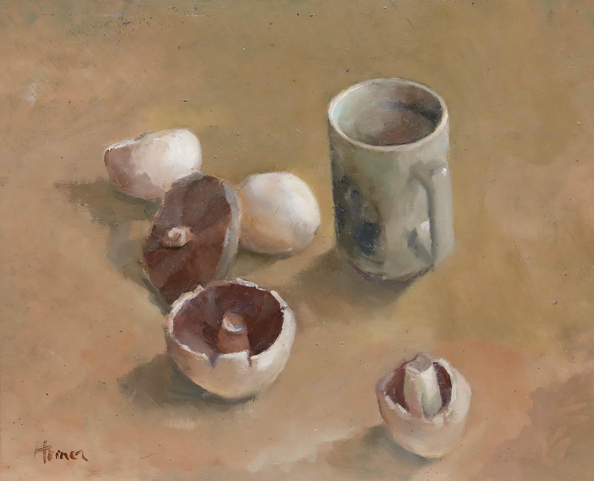 Horner - Mitte 20. Jahrhundert Öl, Pilze und Tee – Painting von Unknown