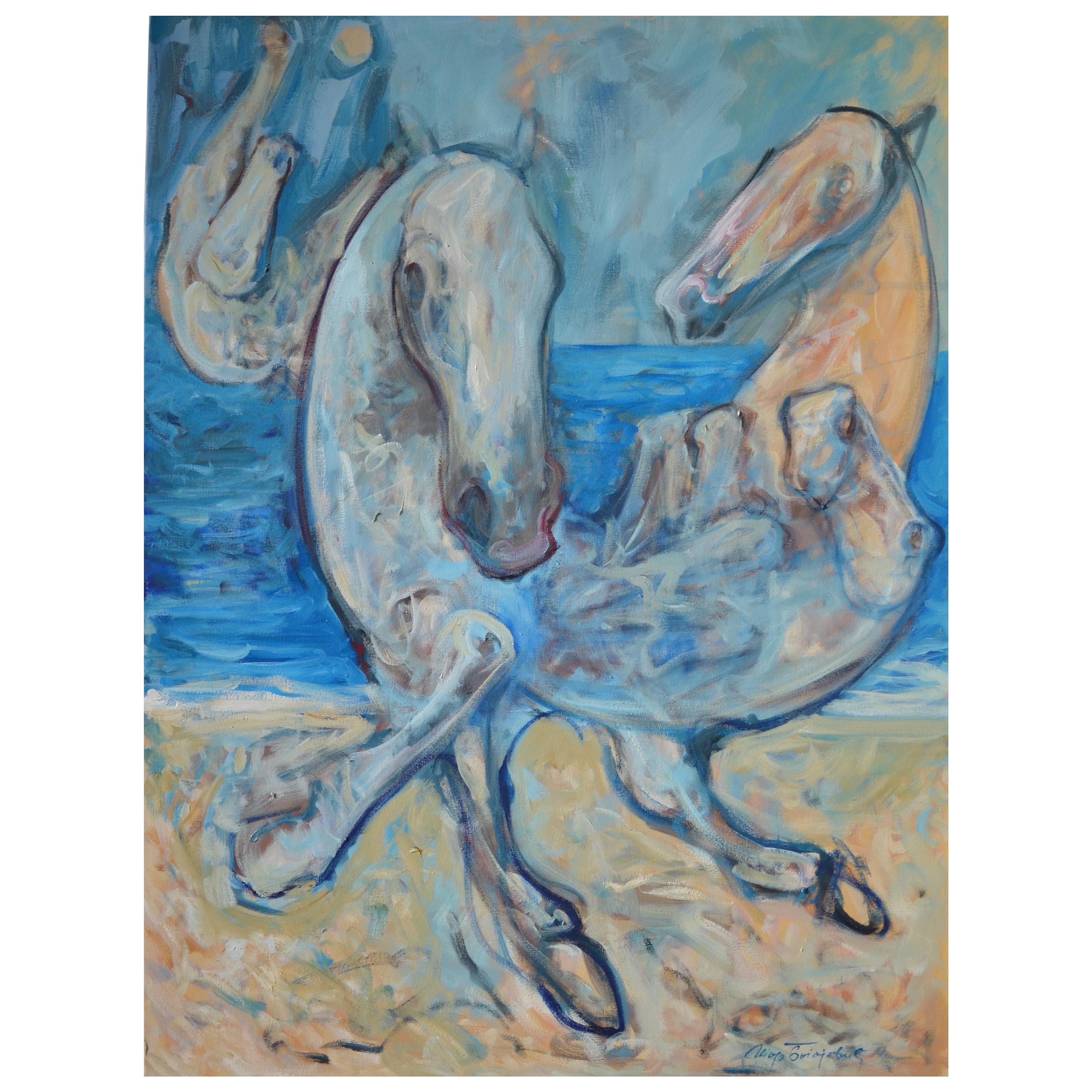 An abstract oil on canvas painting titled "On the beach" by the contemporary artist Igor Bogojevic (Montenegro born in 1980). The painting features horses, which has been Igor's signature work since the start of his career, on the beach. 

About the