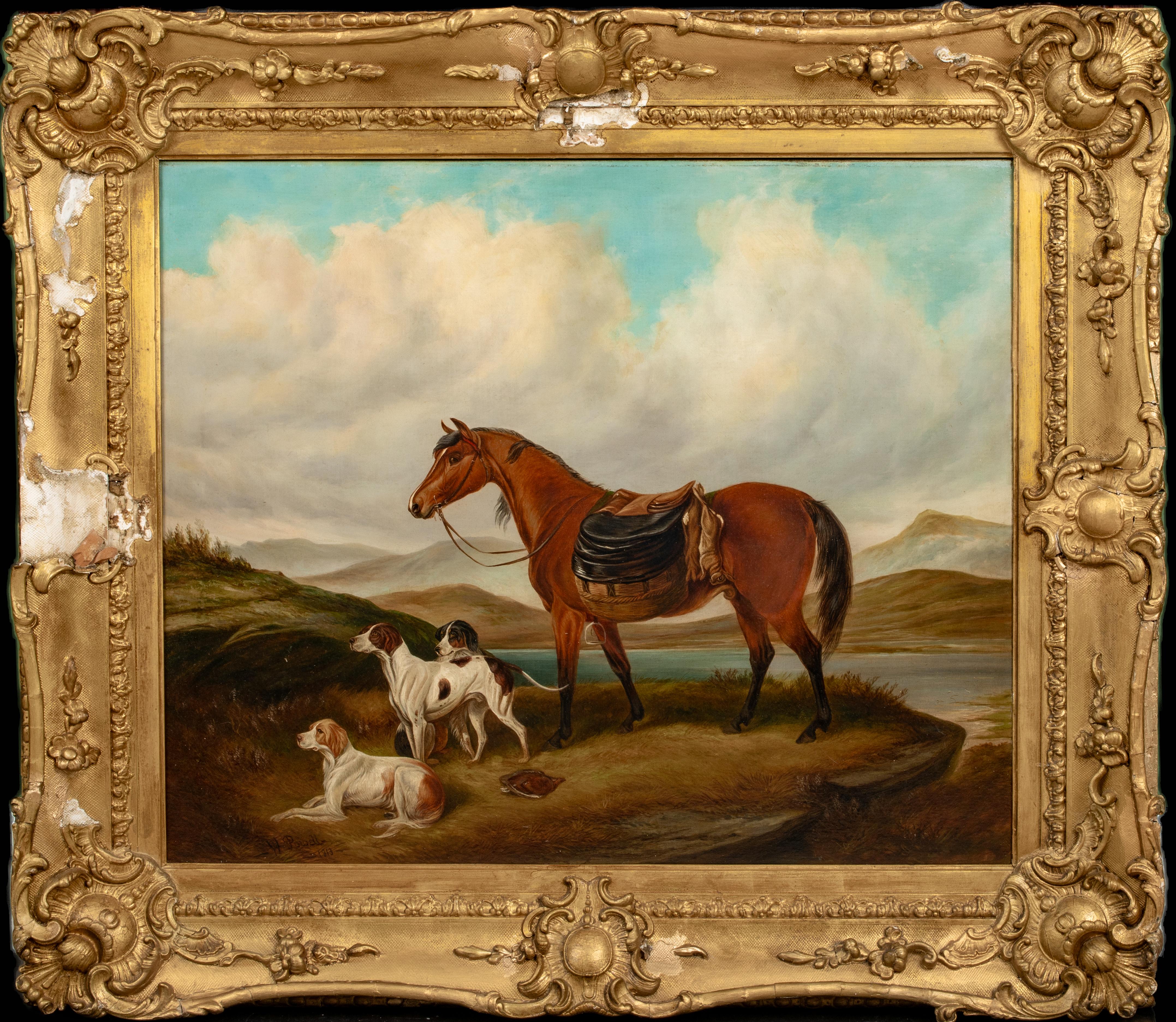 Unknown Animal Painting - Horse and Dogs in a Highland Landscape, dated 1913  by William E. POWELL 