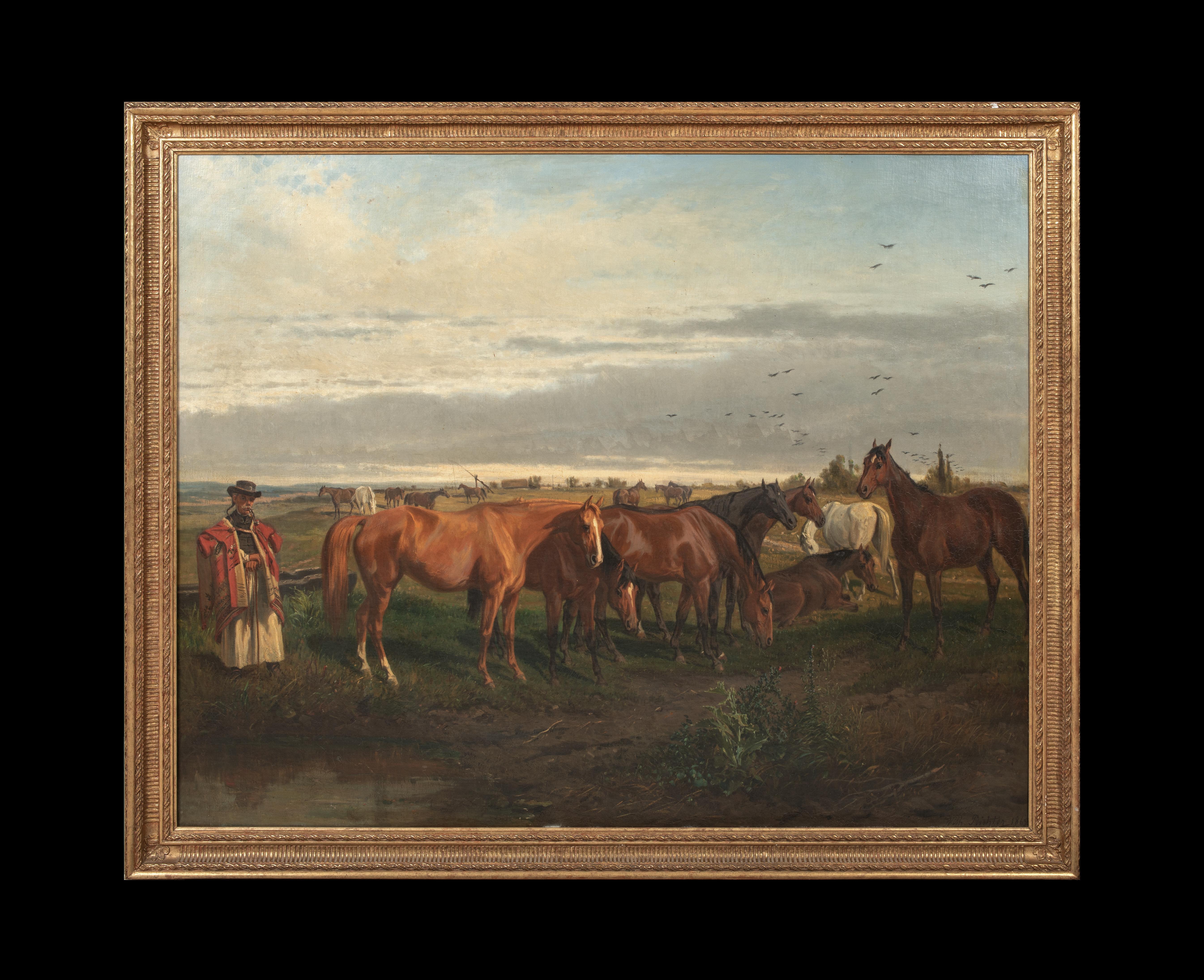 Horse Breeder und Pferde in einer Landschaft aus dem 19. Jahrhundert WILHELM RICHTER (1824-1892) – Painting von Unknown