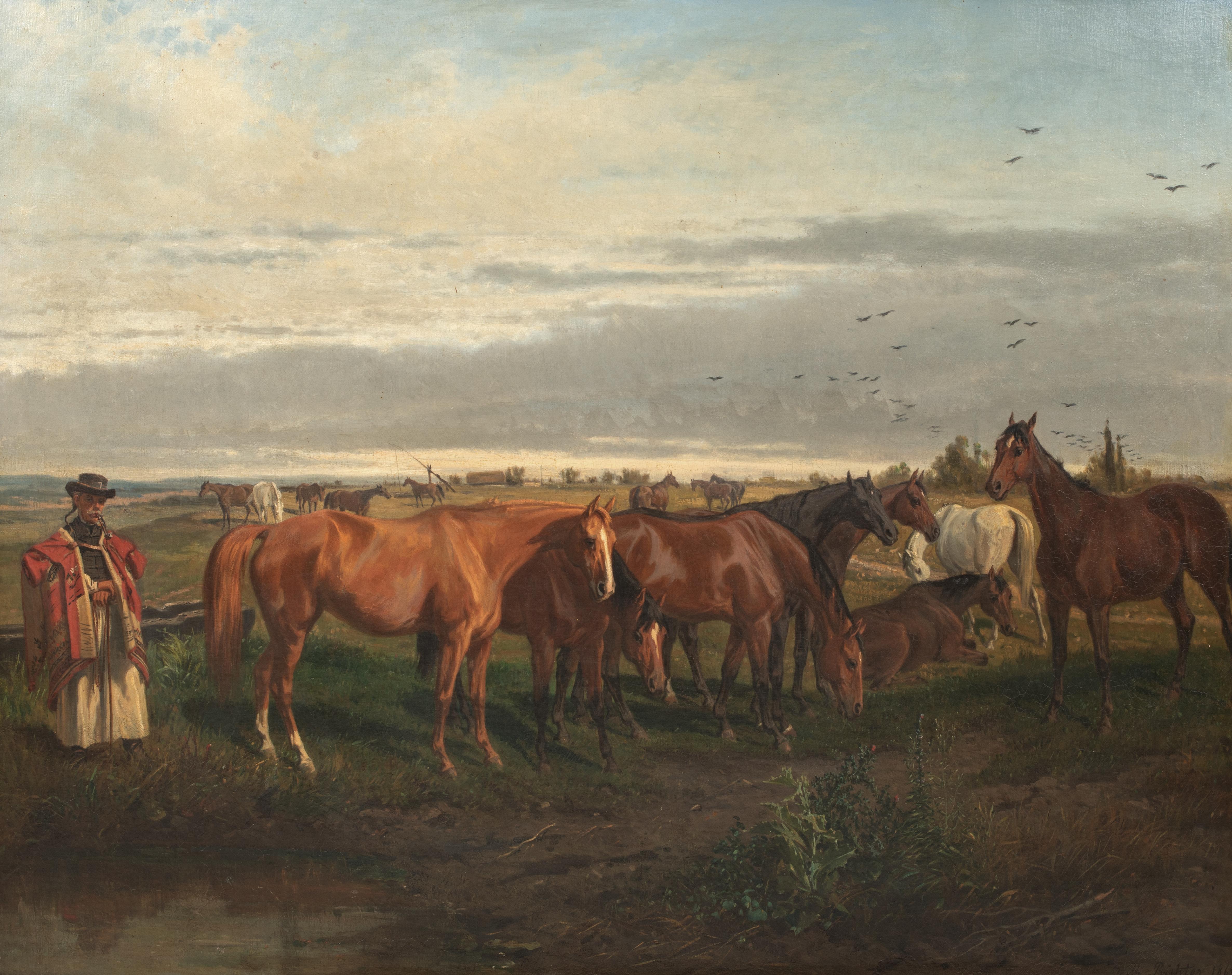 Horse Breeder und Pferde in einer Landschaft aus dem 19. Jahrhundert WILHELM RICHTER (1824-1892) (Braun), Landscape Painting, von Unknown