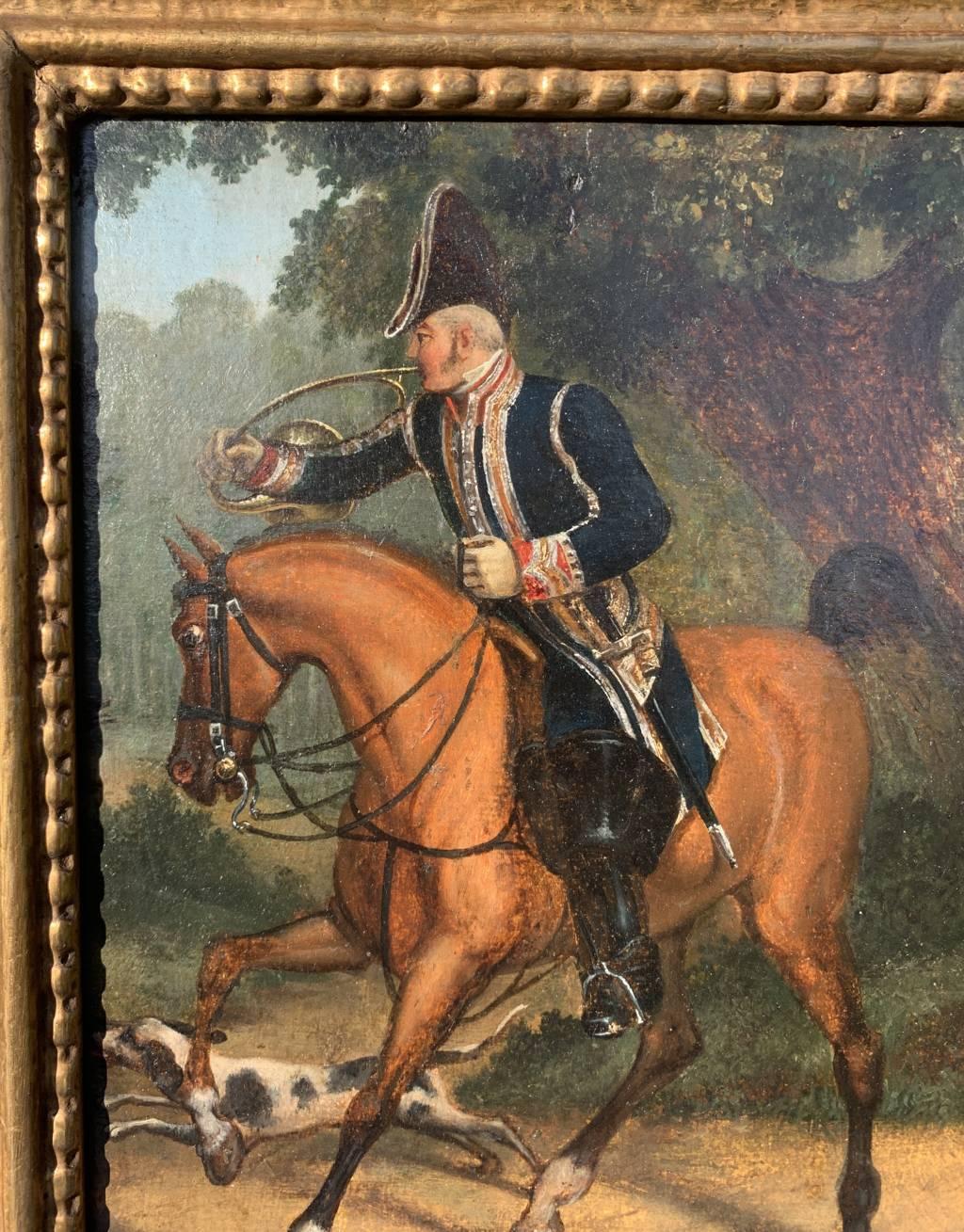 English painter (19th century) - Rider and hunting greyhounds.

28 x 22 cm without frame, 40 x 33 cm with frame.

Antique oil painting on wood, in a gilded wooden frame.

Condition report: Good state of conservation of the pictorial surface, there