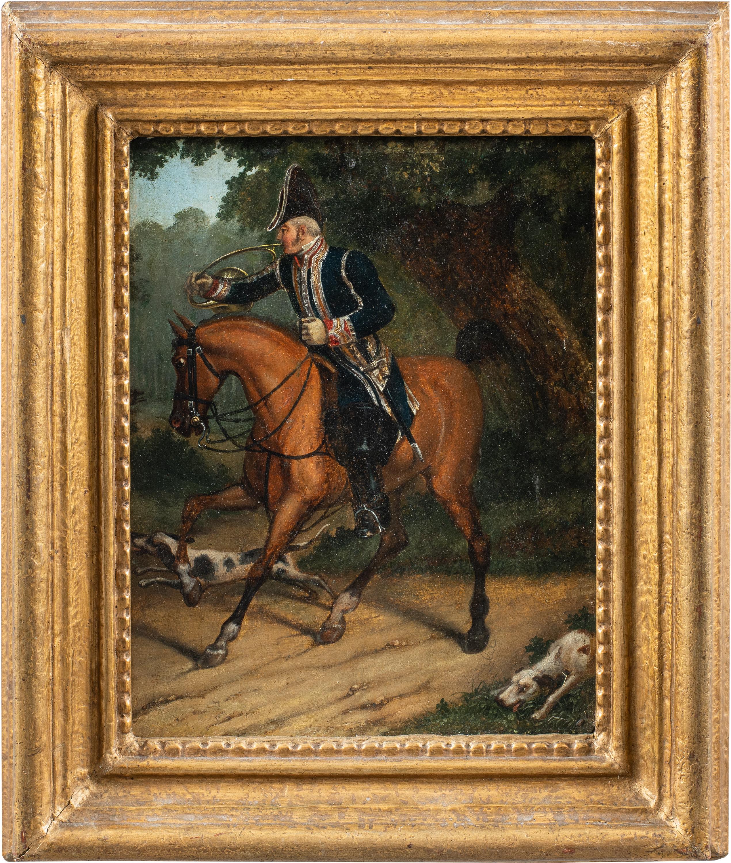 Unknown Figurative Painting - Horse British painter - 19th century figure painting - Hunting knight 
