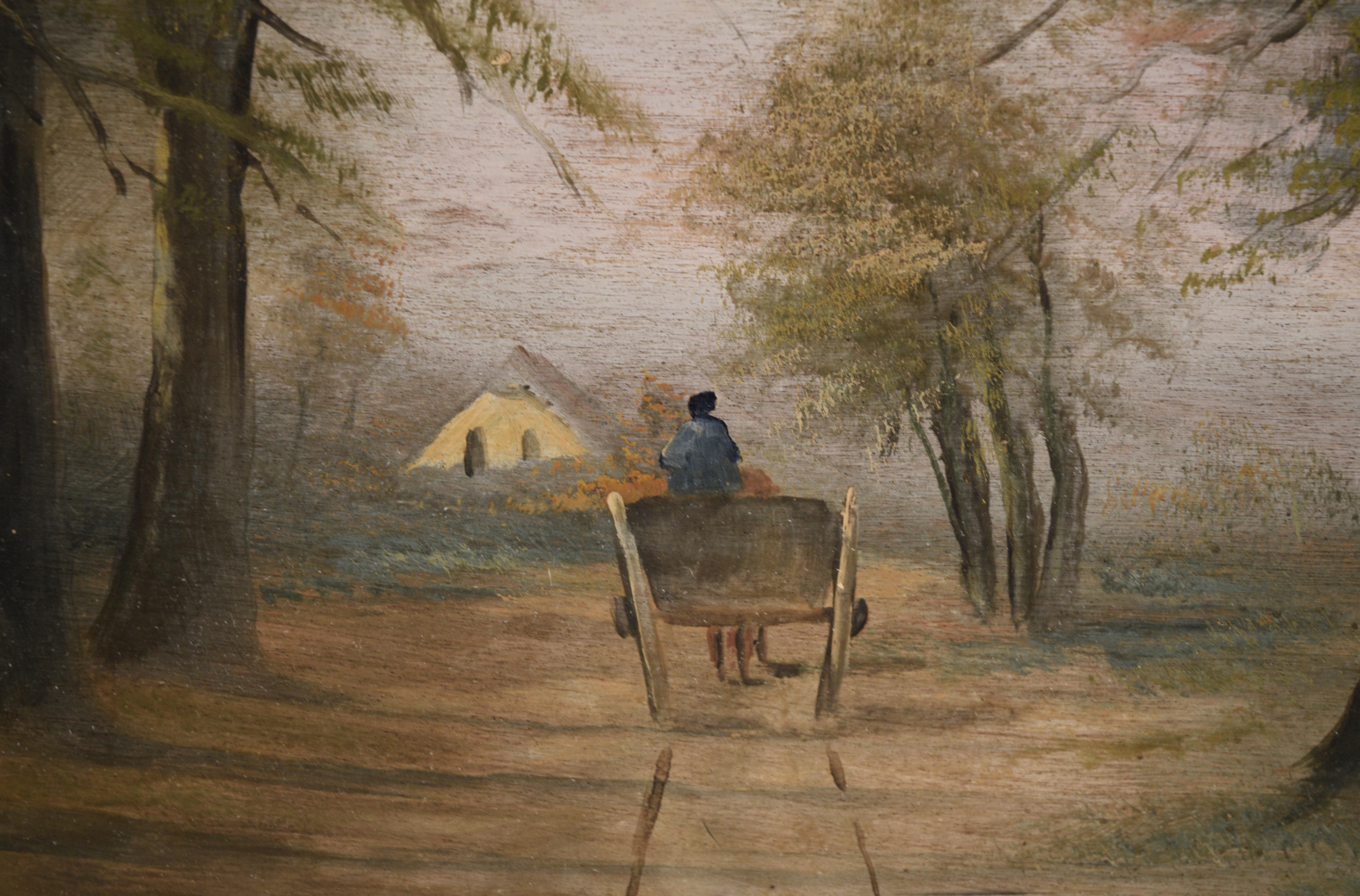Horse Drawn Carriage in the Country Woods - Landscape in Oil on Wood Panel

Serene wooded landscape with a horse drawn carriage by an unknown artist. A cart with a horse and driver is facing away from the viewer, heading down a wooded path towards a
