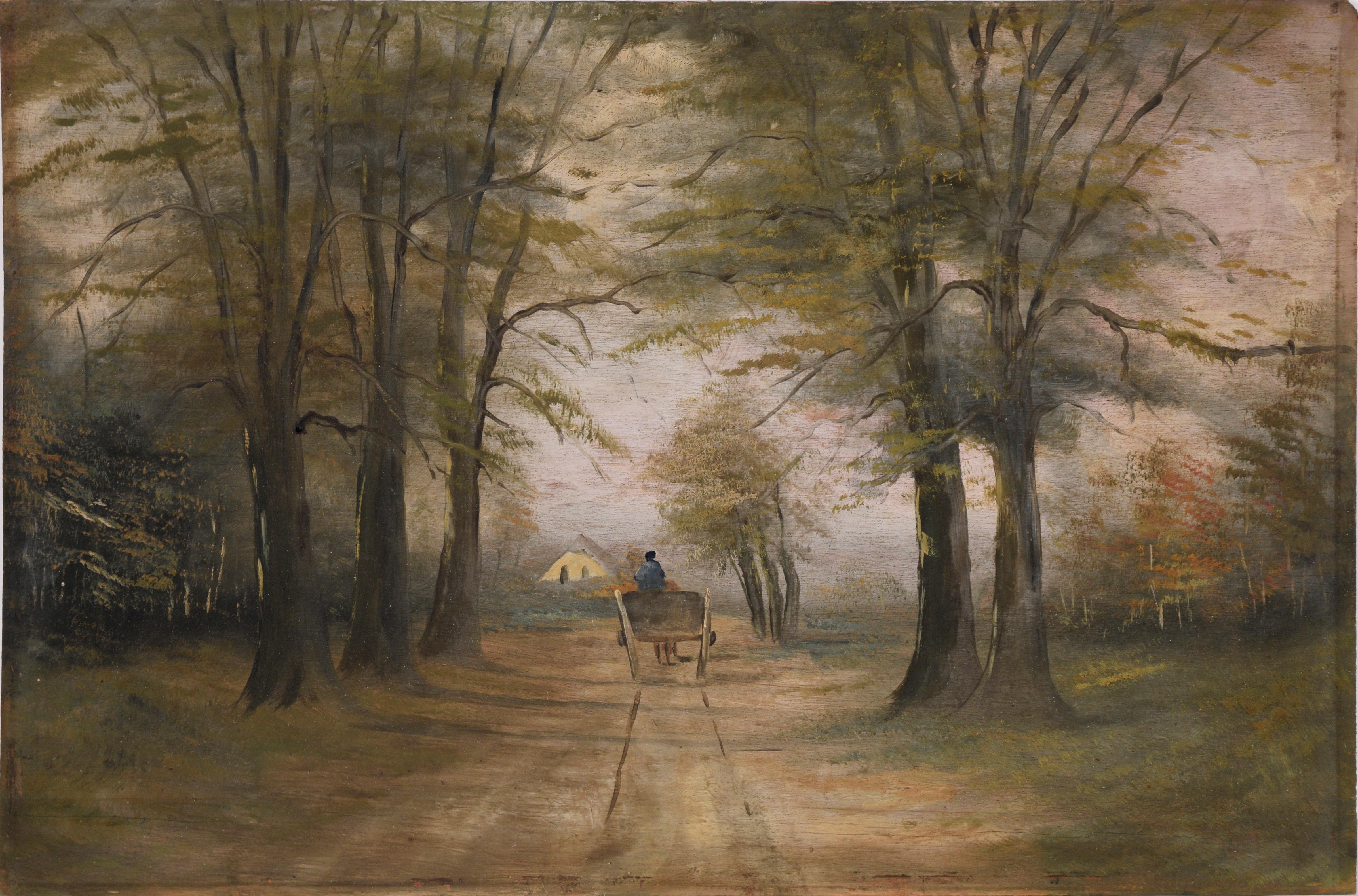 Unknown Figurative Painting - Horse Drawn Carriage in the Country Woods - Landscape in Oil on Wood Panel