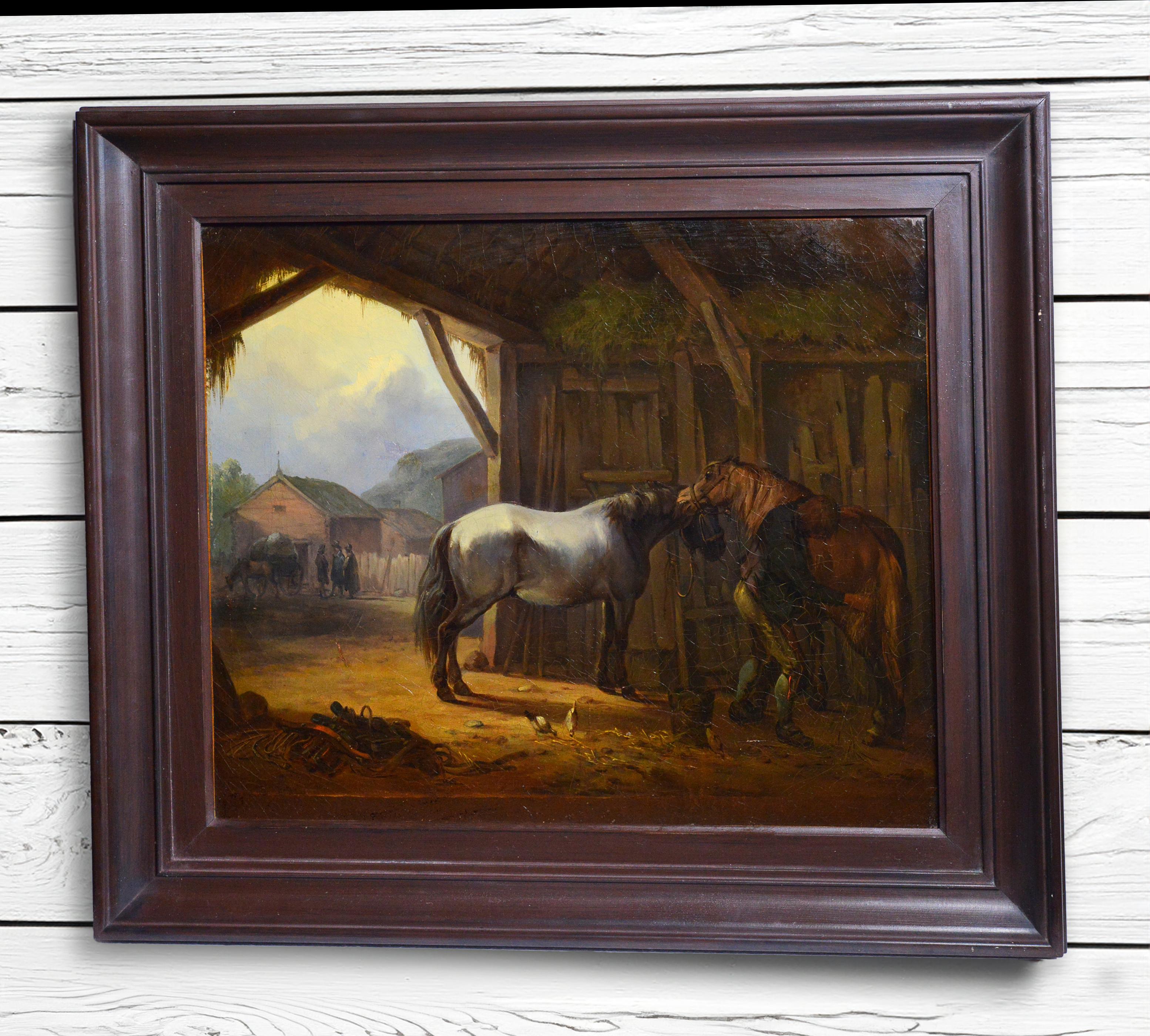 Horse Grooming Scene 19th century Animal Oil Painting Framed 5