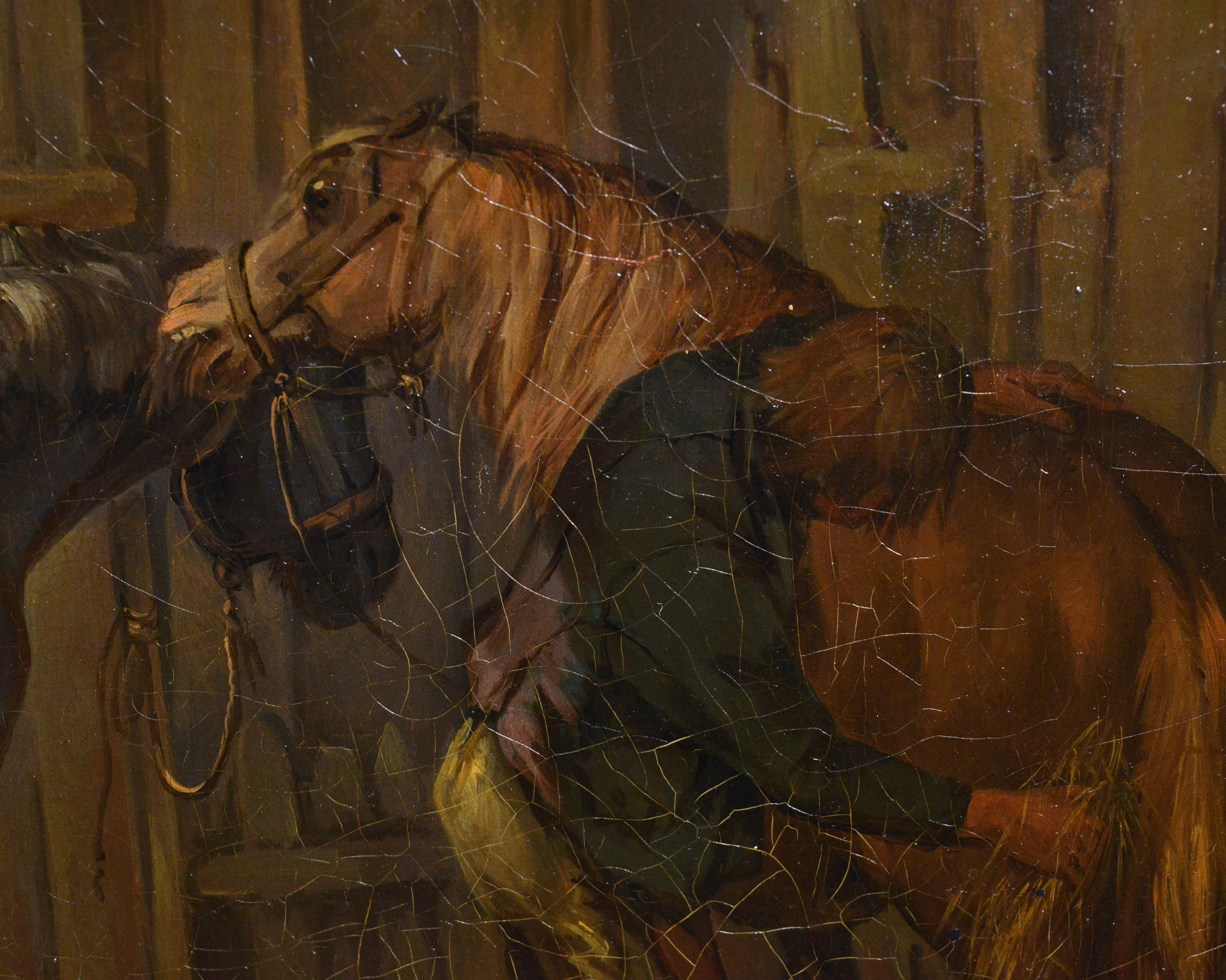 Horse Grooming Scene 19th century Animal Oil Painting Framed - Brown Animal Painting by Unknown