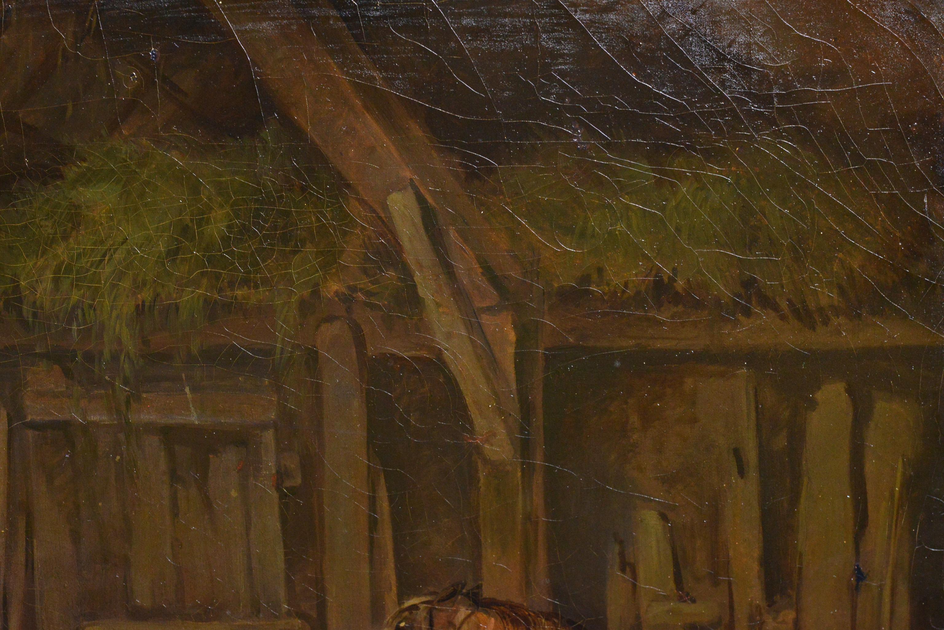 Horse Grooming Scene 19th century Animal Oil Painting Framed 3