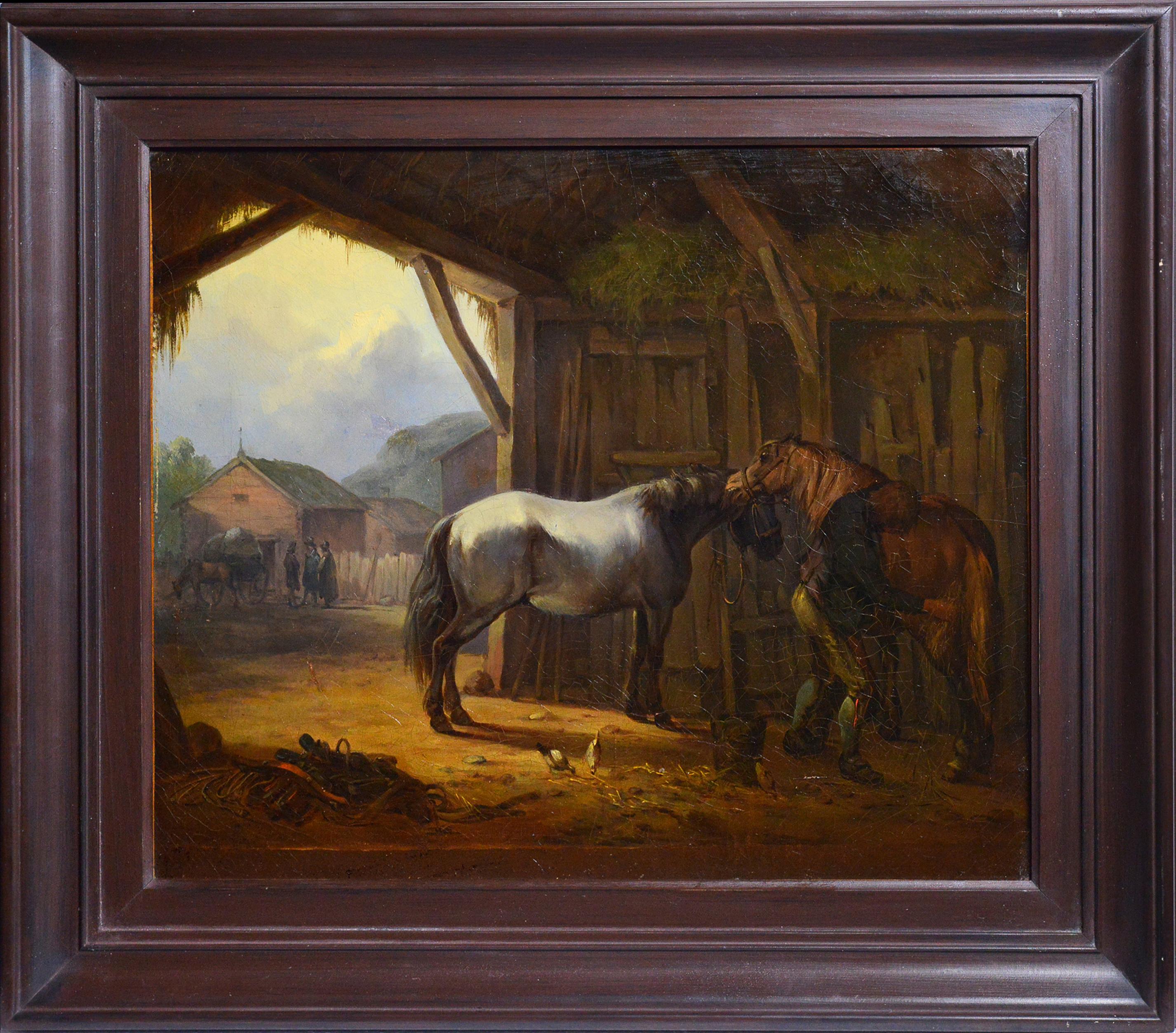 Unknown Animal Painting - Horse Grooming Scene 19th century Animal Oil Painting Framed