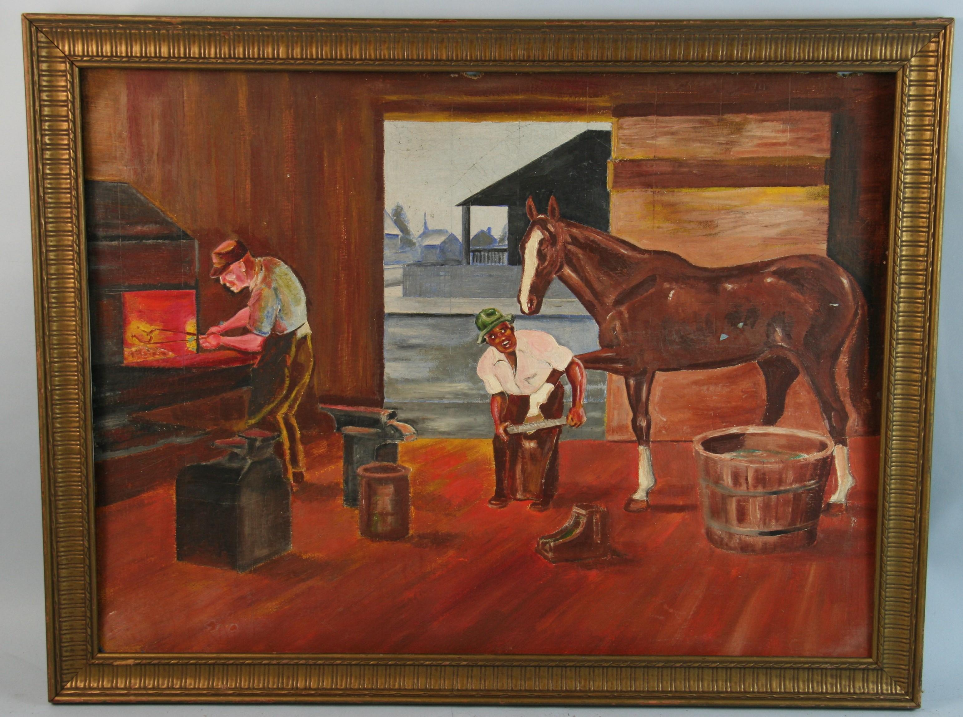 Unknown Interior Painting - Horse in Blacksmith Stable Equestrian Oil Painting 1940's