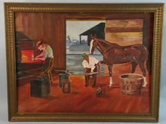 Horse in Blacksmith Stable Equestrian Oil Painting 1940's