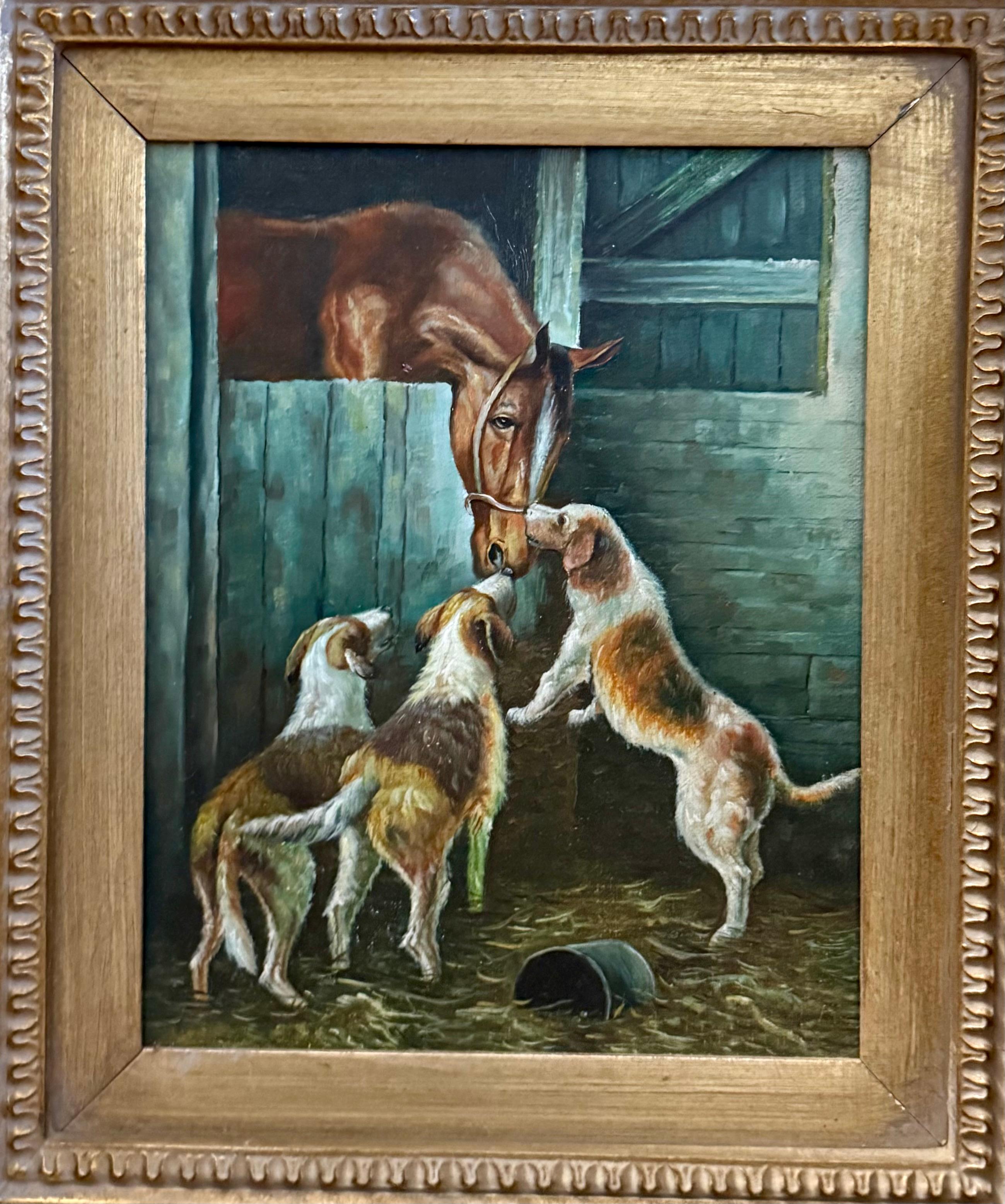 Animal Painting de Unknown - Caballo en establo saludando a tres perros Siglo XX