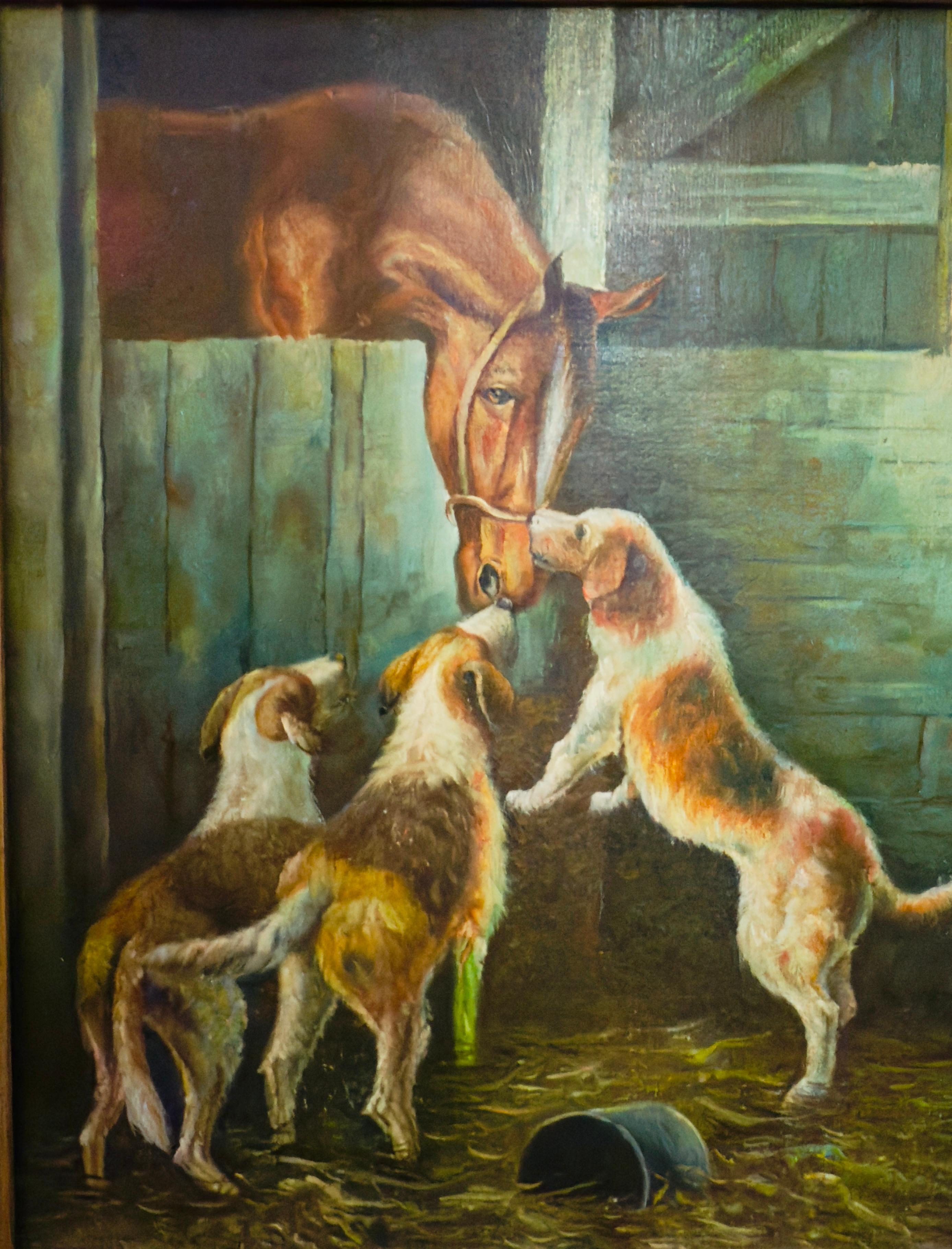 Horse in Stall Greeting Three Dogs 20th century – Painting von Unknown