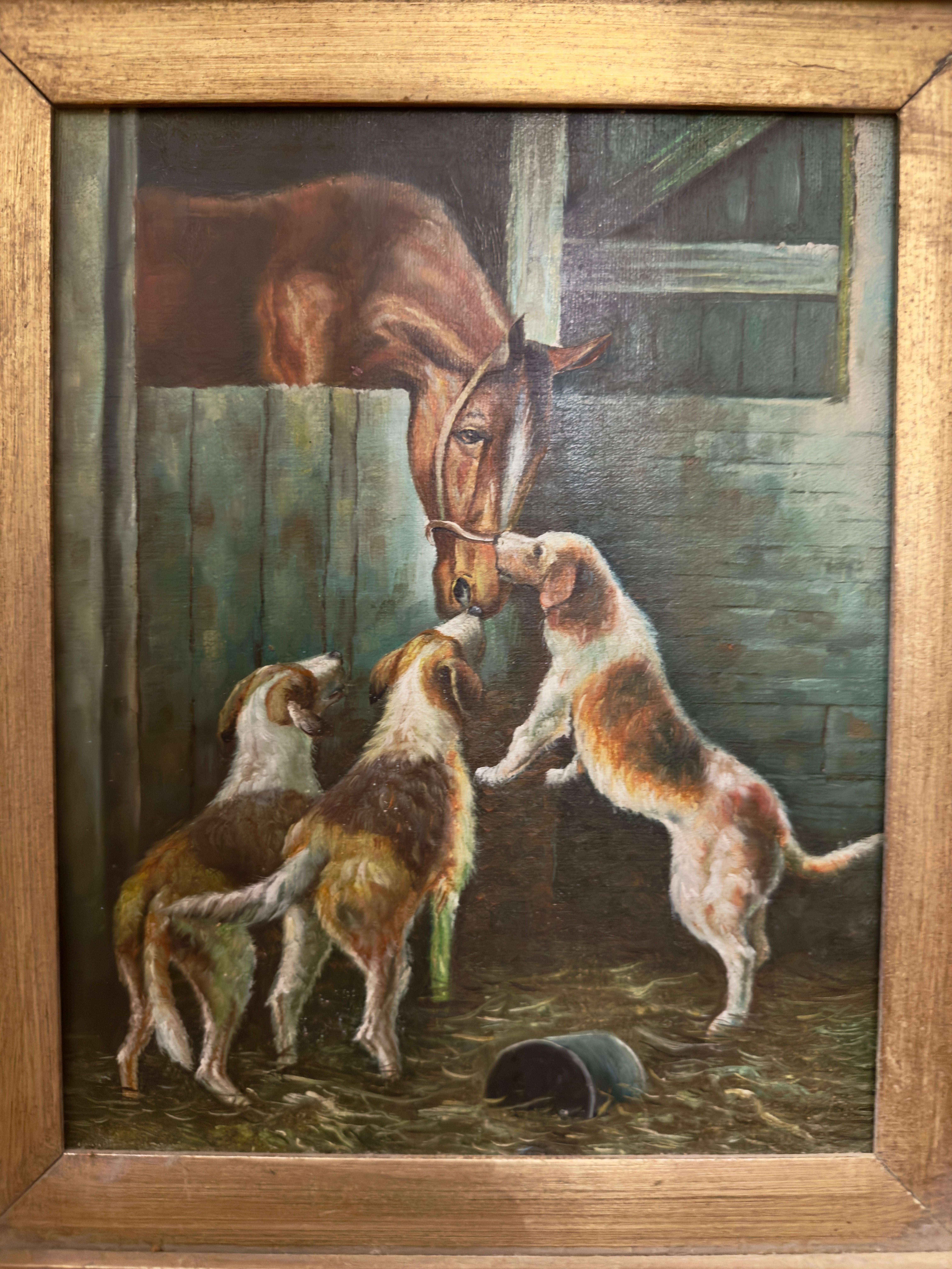 Horse in Stall Greeting Three Dogs 20th century (Amerikanischer Realismus), Painting, von Unknown