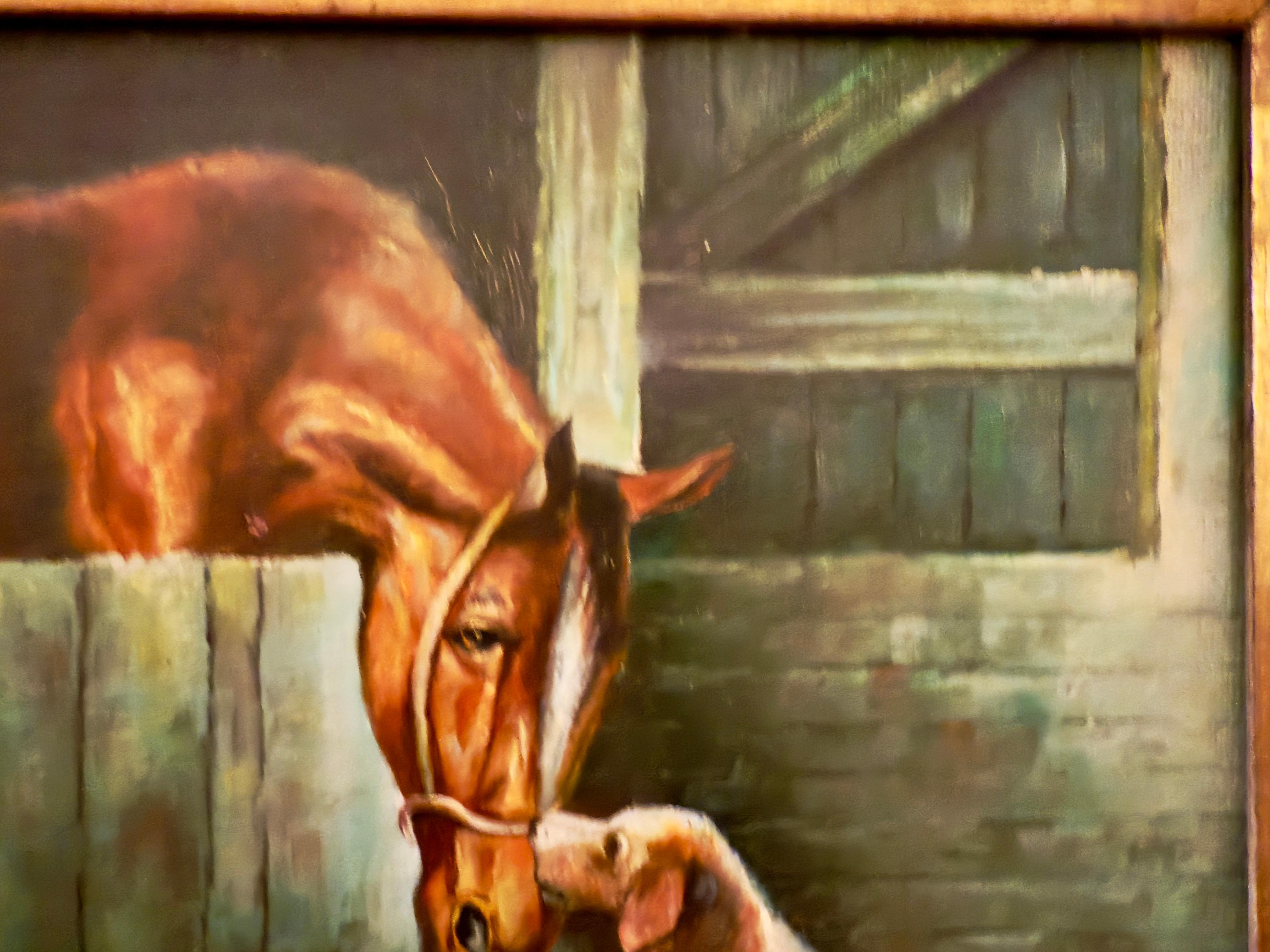 Horse in Stall Greeting Three Dogs 20th century (Braun), Animal Painting, von Unknown