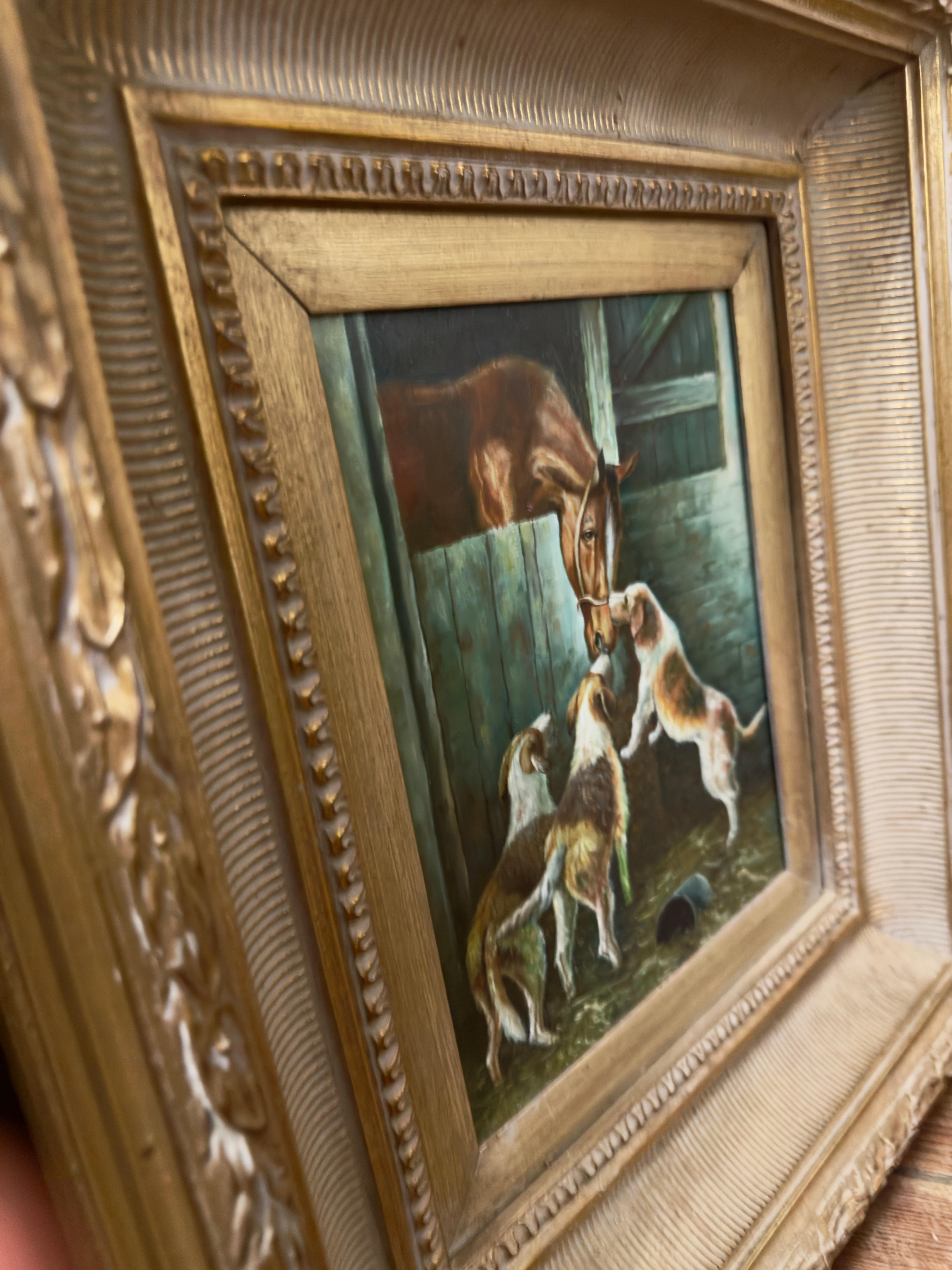 Horse in Stall Greeting Three Dogs 20th century im Angebot 1
