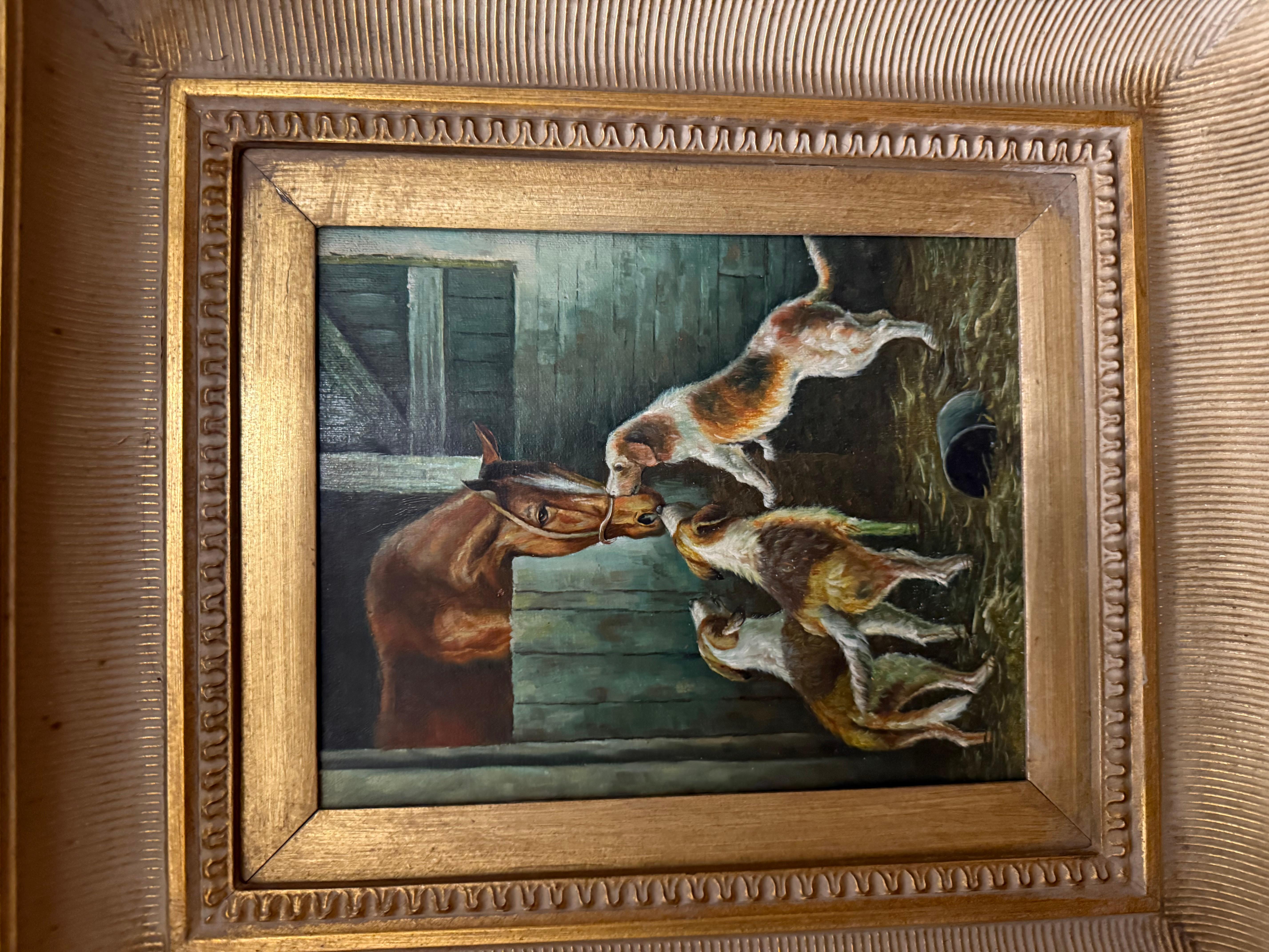 Horse in Stall Greeting Three Dogs 20th century im Angebot 2
