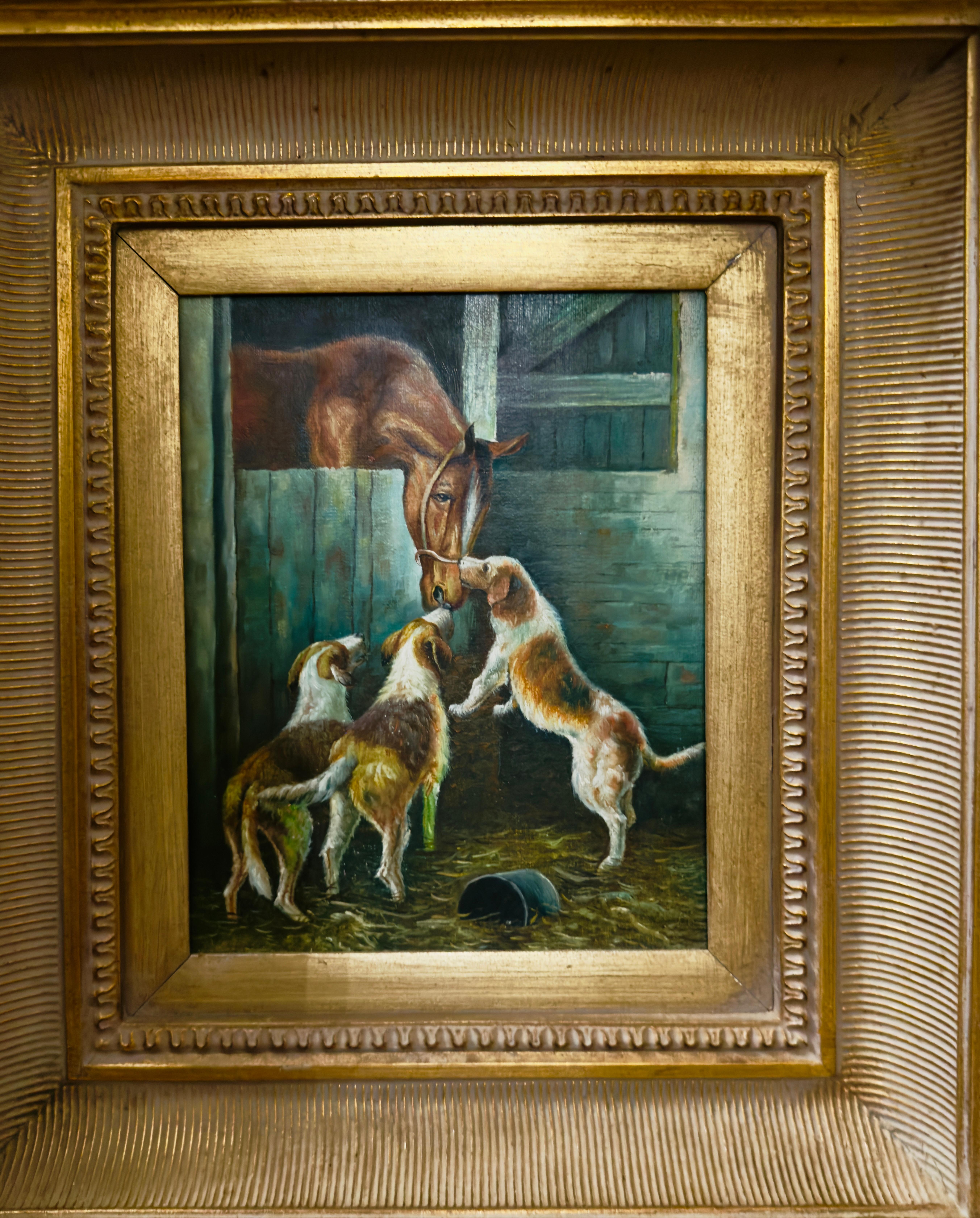 Horse in Stall Greeting Three Dogs 20th century im Angebot 3