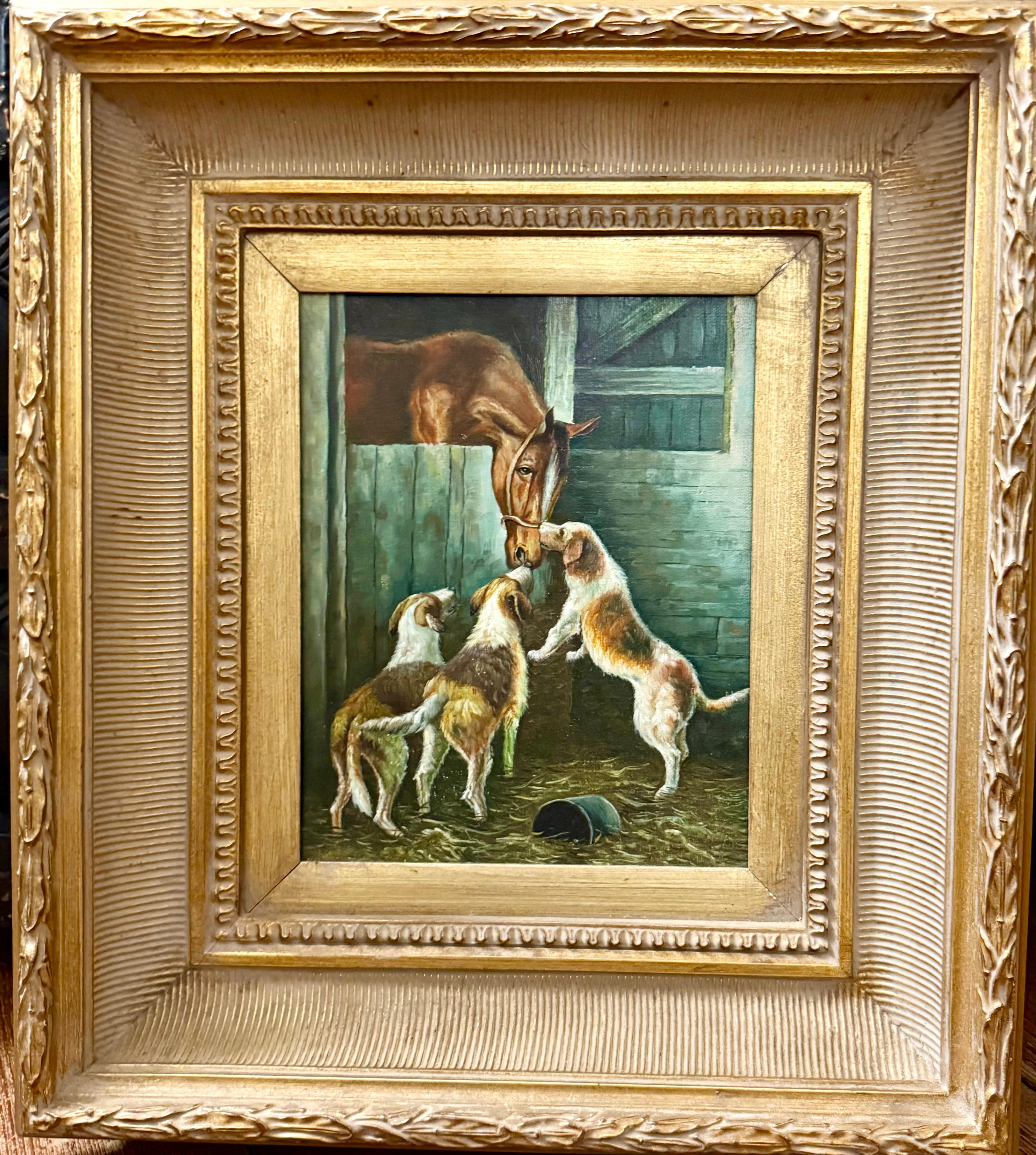 Horse in Stall Greeting Three Dogs 20th century