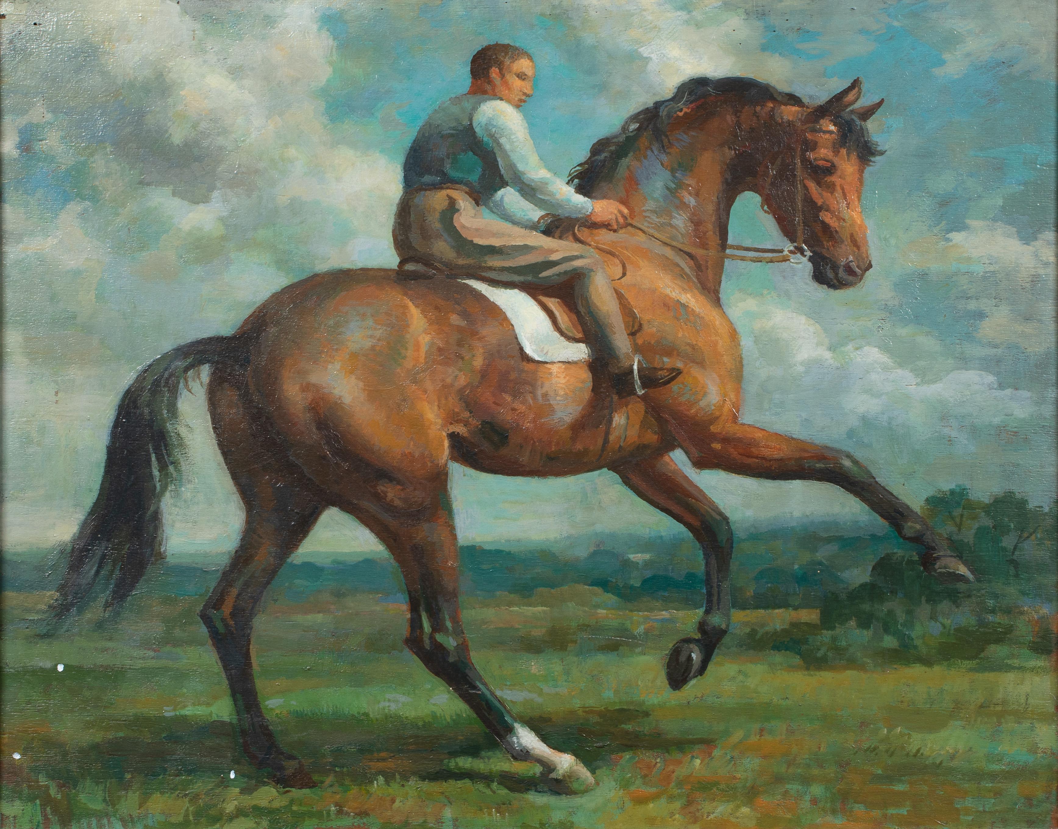 Horse & Jockey, early 20th Century  - Gray Portrait Painting by Unknown