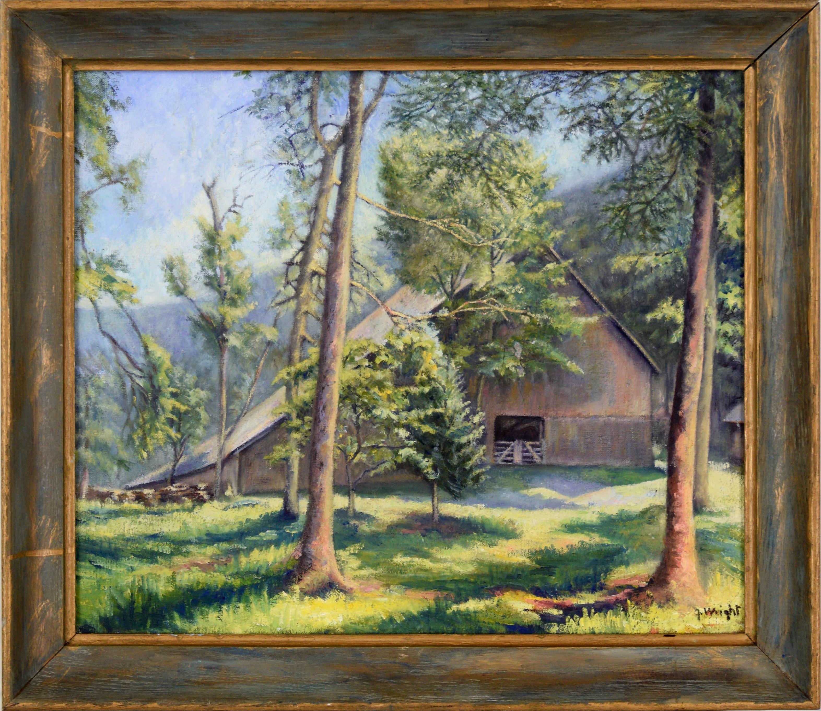 Unknown Landscape Painting - Horse Stables in the Valley - Farm Landscape