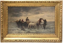 Horses and carriage in winter, Romantic Antique Oil on Wood, Hungarian School