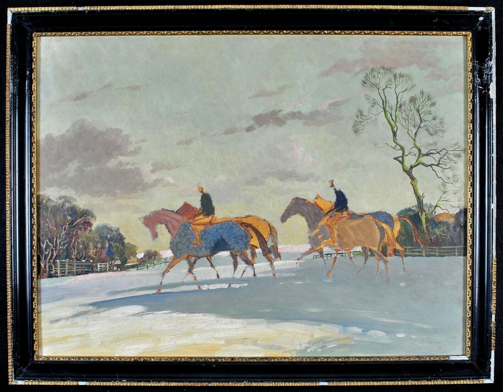 Horses in a Winter Landscape - 1950's English Oil on Board Painting Sketch