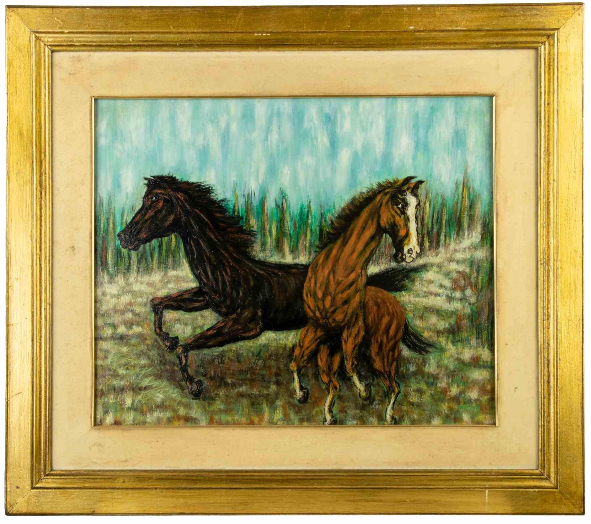 Unknown Figurative Painting - Horses - Oil on Canvas - 1991