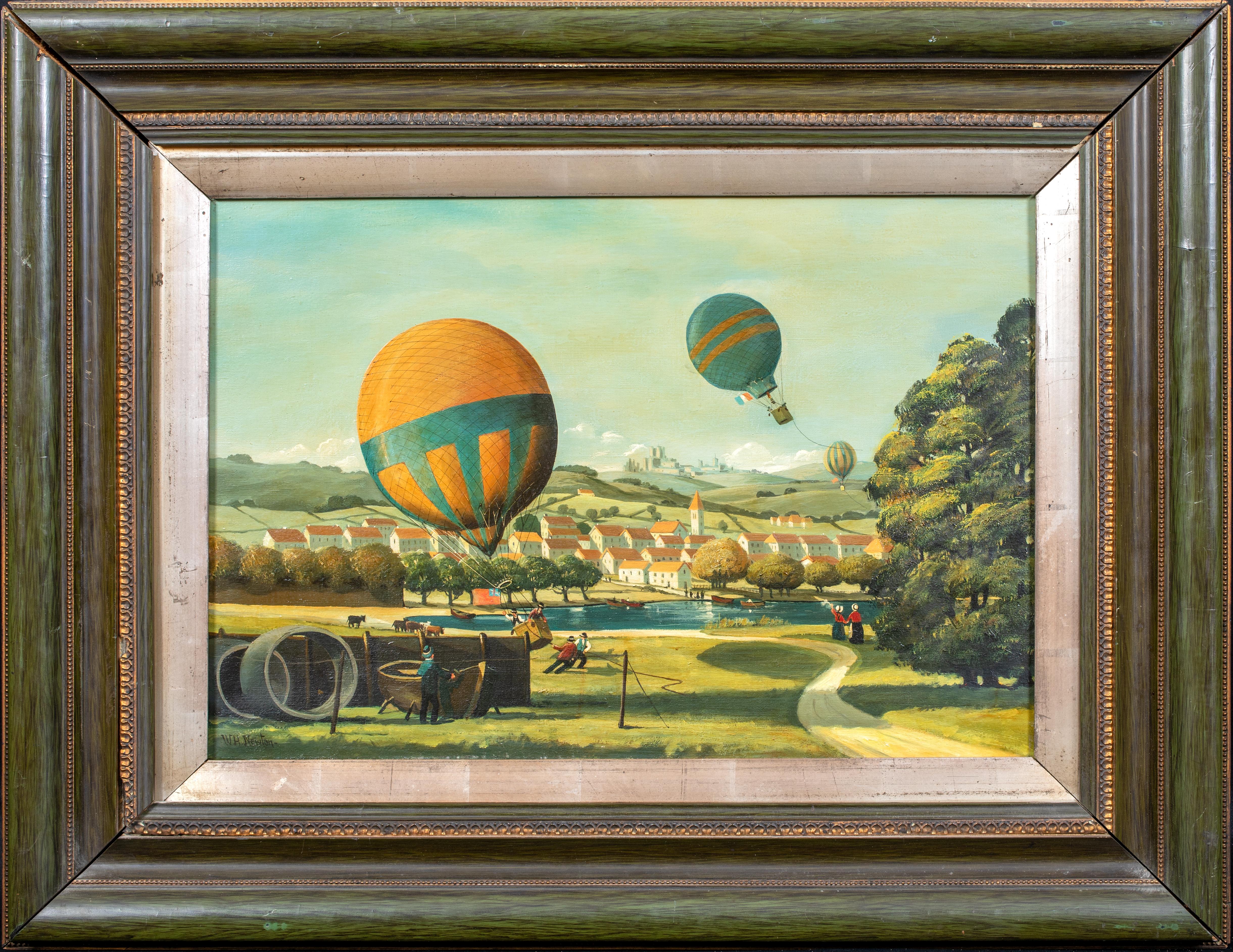 Hot Air Balloon Race Landscape, circa 1900  English School - signed W H NEWTON - Painting by Unknown