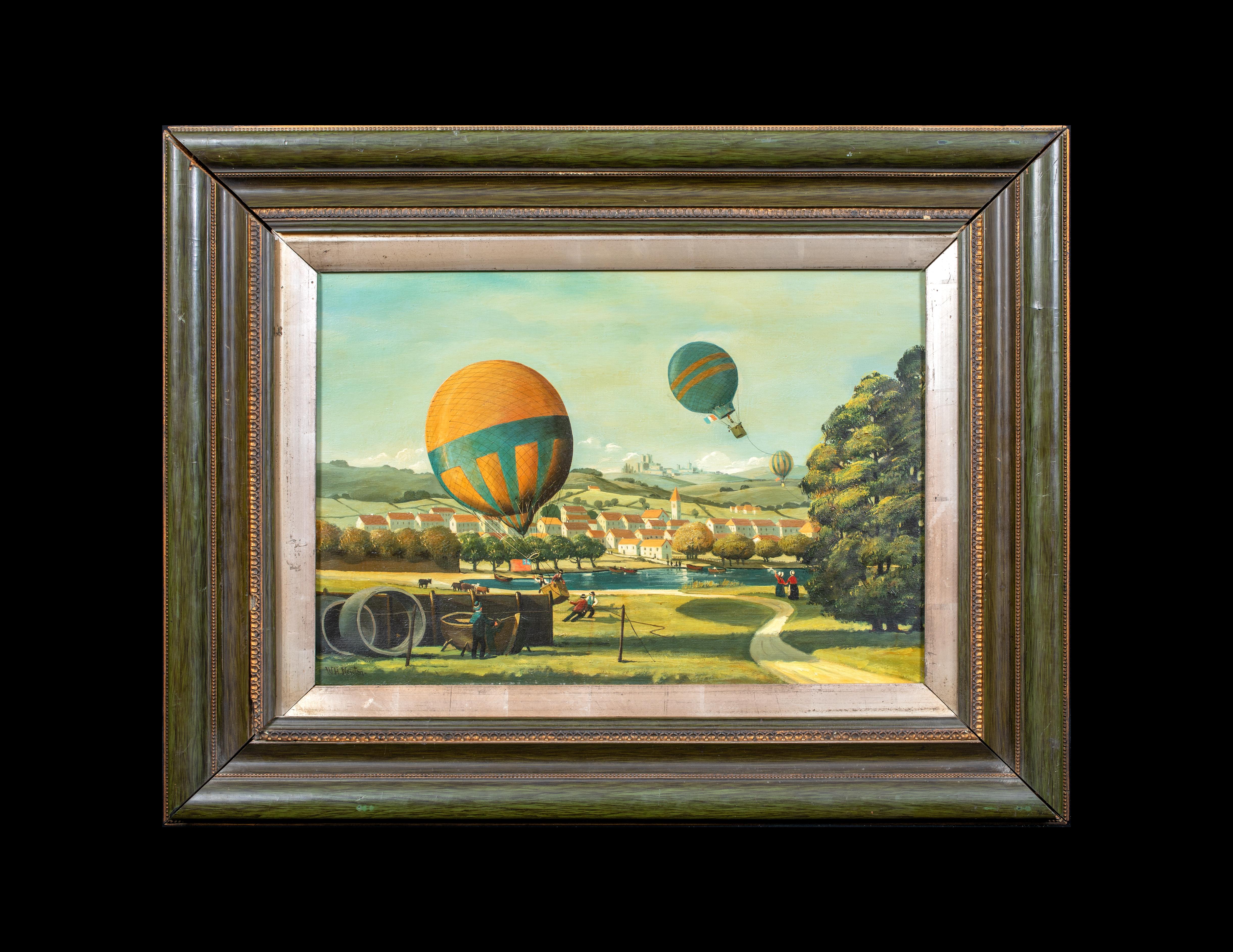Paysage de course de ballons d'aviation aérienne, vers 1900  École d'Angleterre - signée W H NEWTON - Marron Landscape Painting par Unknown