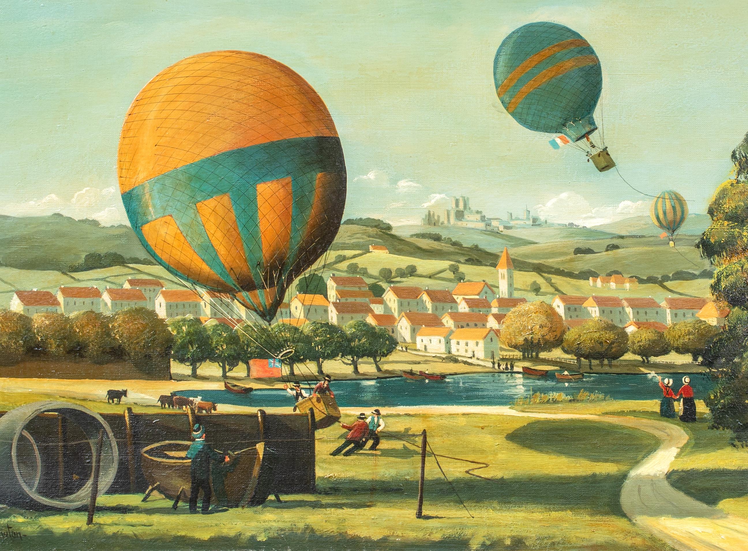 Paysage de course de ballons d'aviation aérienne, vers 1900  École d'Angleterre - signée W H NEWTON en vente 1
